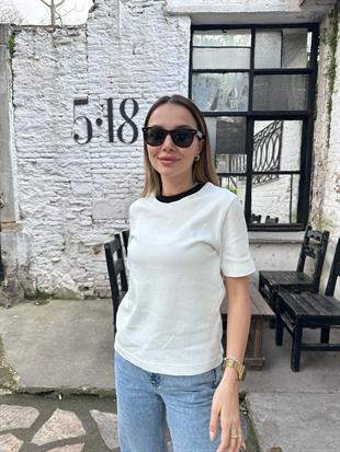 Ekru Siyah Yaka Basic Tshirt