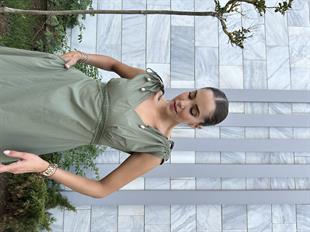 Haki V Yaka Dantel İşlemeli Elbise