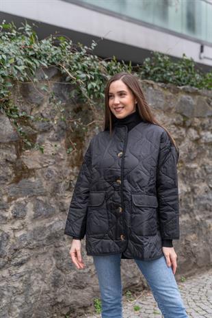 SİYAH ÇİFT CEPLİ DÜĞMELİ MONT