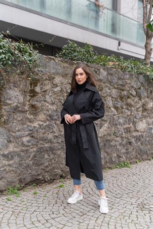SİYAH KUŞAKLI TRENÇKOT 