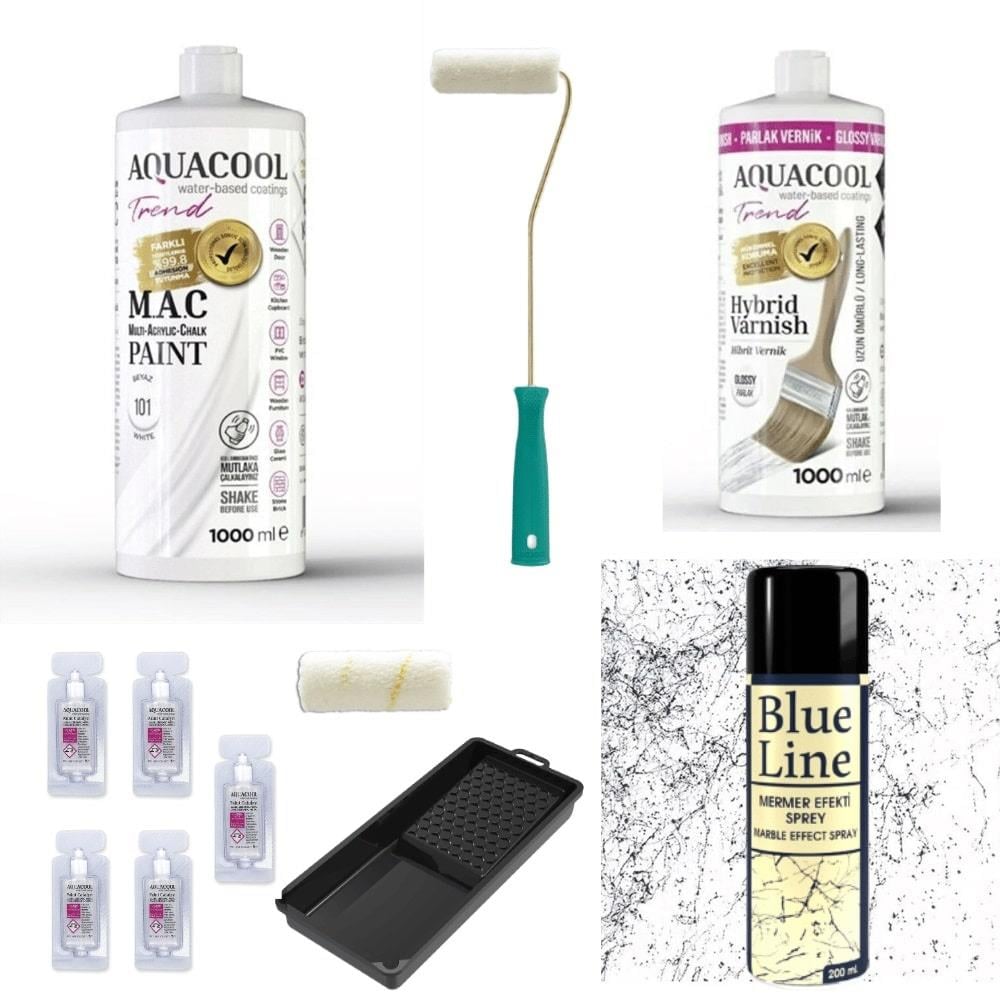  Aquacool Trend Akrilik Boya 101 Beyaz + Hobi Boyama Seti + Blue Line Granit Effect Sprey Boya Siyah