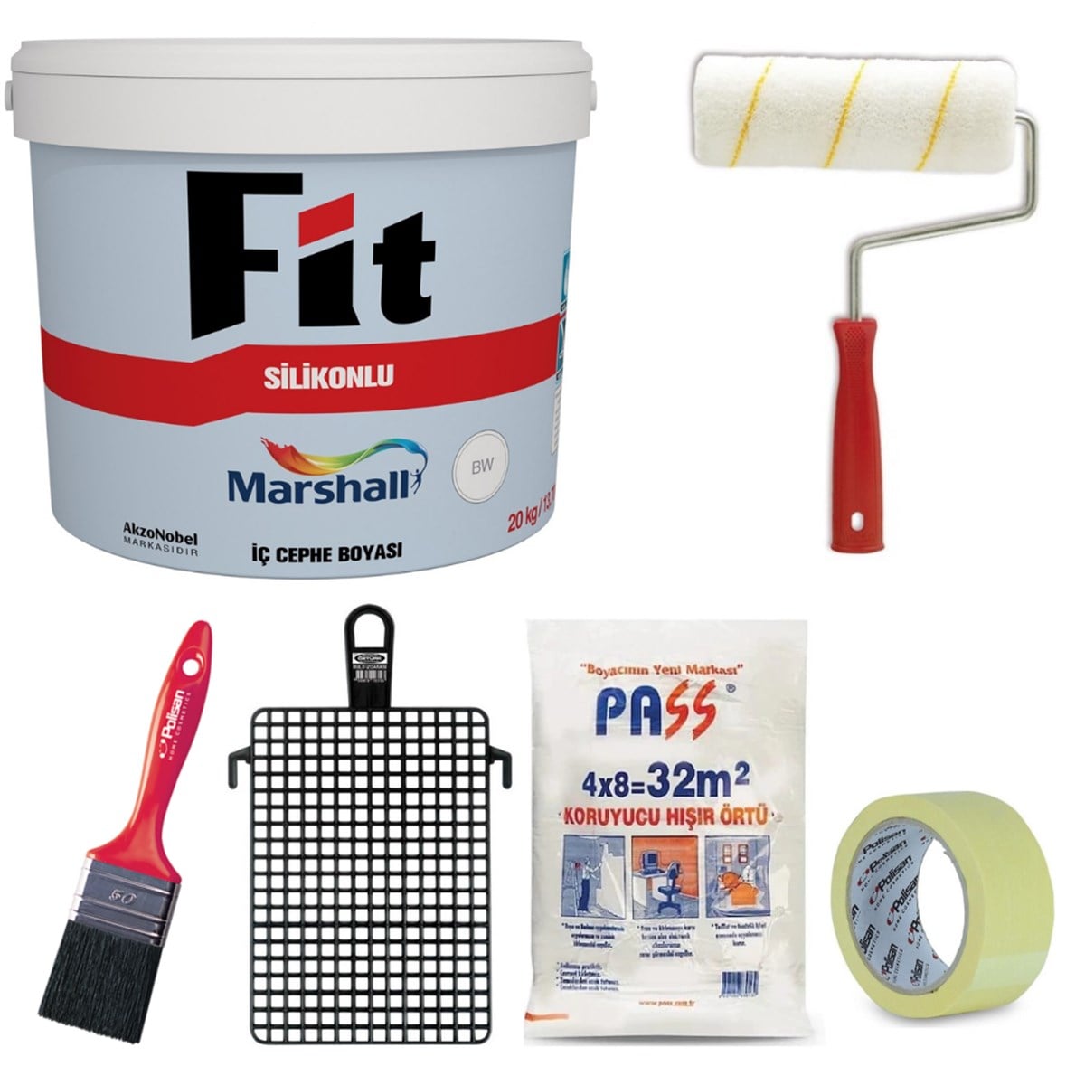6 Parça Boya Seti Marshall Fit Silikonlu Mat İç Cephe Boyası + Dekor 1080 Saten 20'lik Rulo + Polisan Kestirme Fırça No:3 + Siyah Boya Izgarası + 32m² Hışır + Maskeleme Bandı 5 Cm