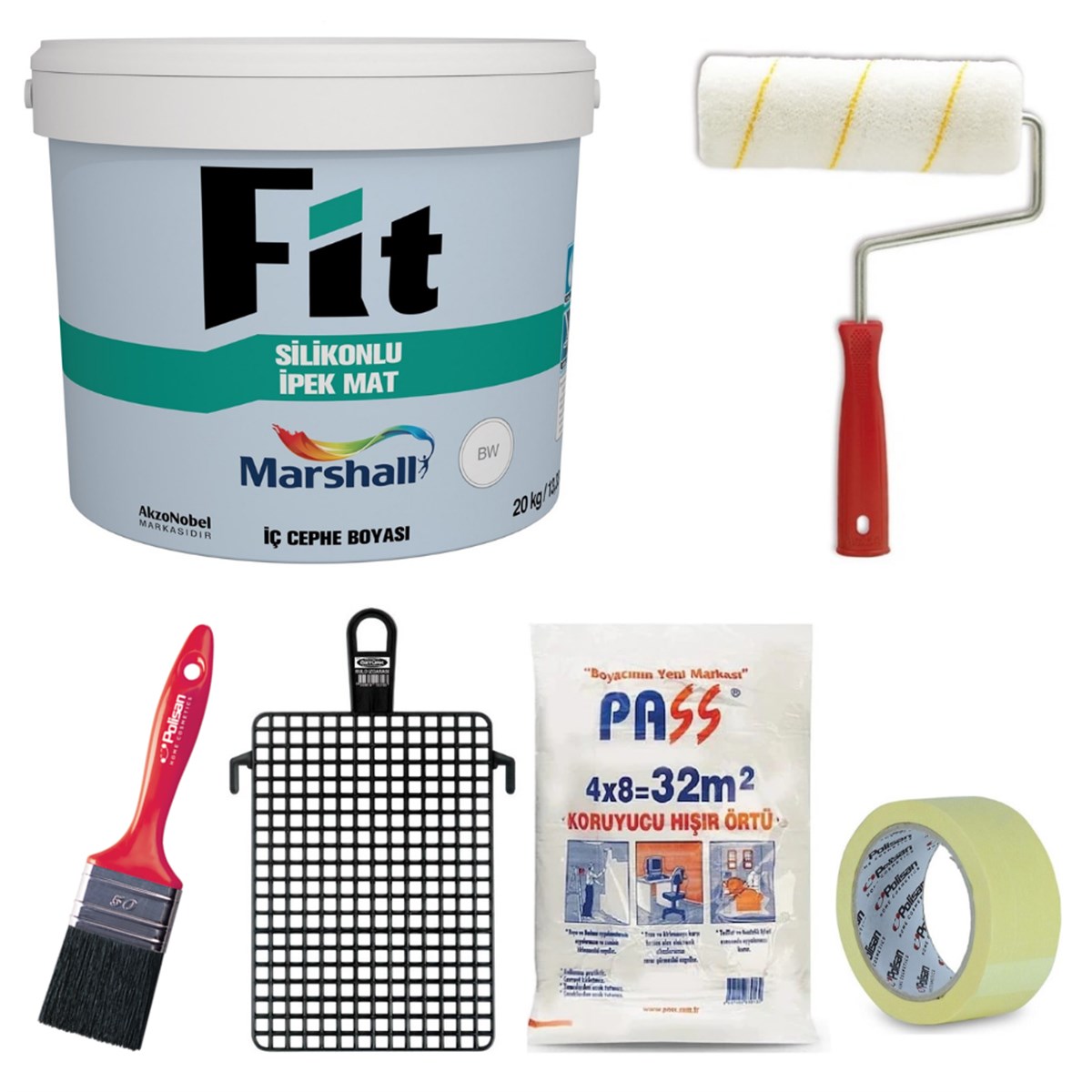 6 Parça Boya Seti Marshall Fit Silikonlu İpek Mat Silinebilir İç Cephe Boyası Izgarası + 32m² Hışır + Maskeleme Bandı 5 Cm
