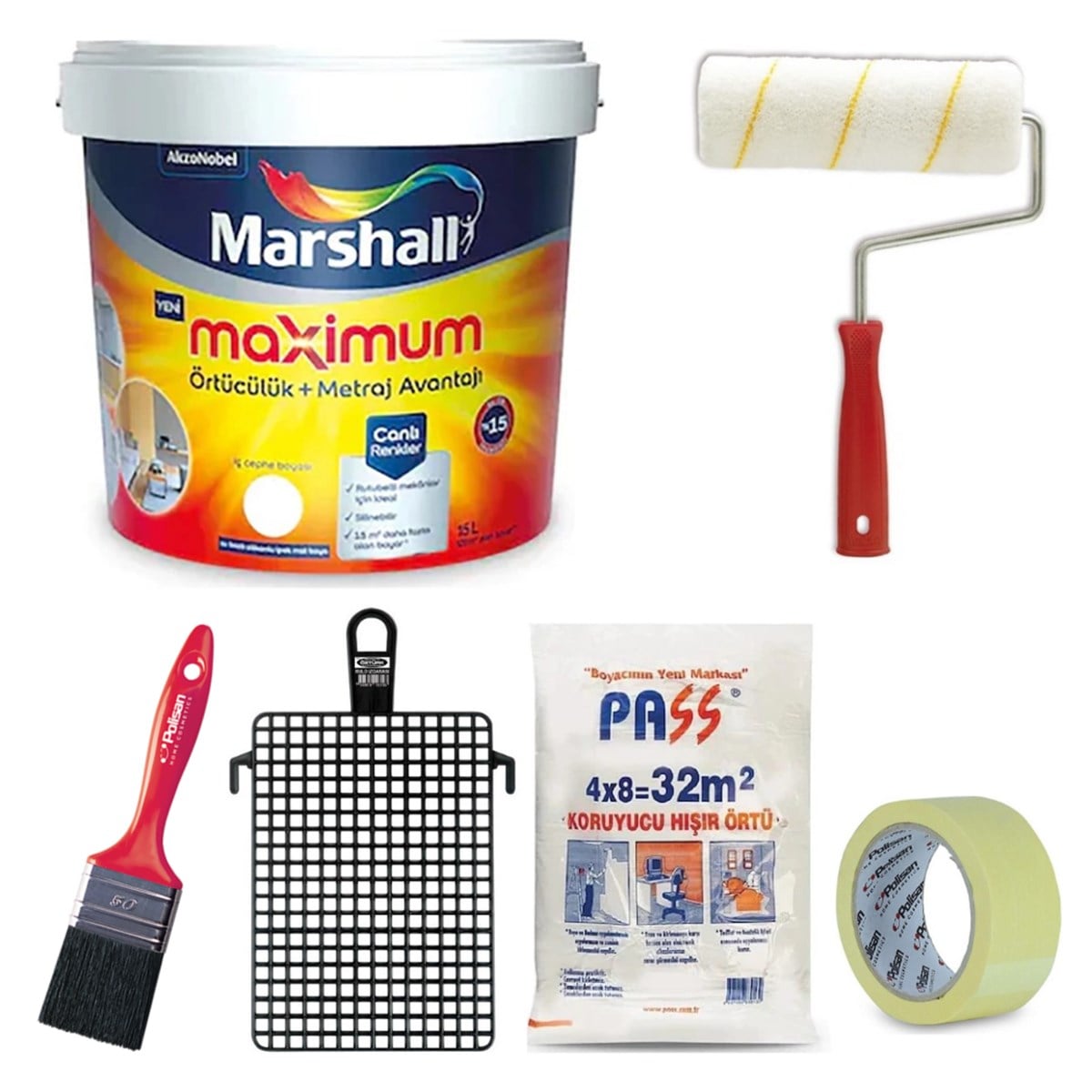 6 Parça Boya Seti Marshall Maximum Silikonlu İpek Mat Silinebilir İç Cephe Boyası Izgarası + 32m² Hışır + Maskeleme Bandı 5 Cm