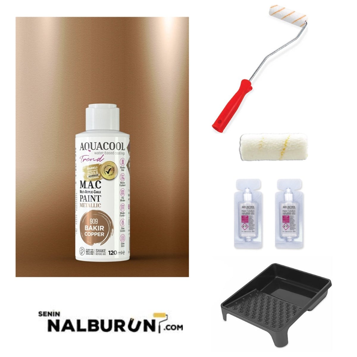 Aquacool Trend  M.a.c  Su Bazlı Akrilik Metalik Boya 500 Ml + Rulo 10 Cm + 2 Adet Katalizör + Boyacı Tavası Hobi Boya Seti