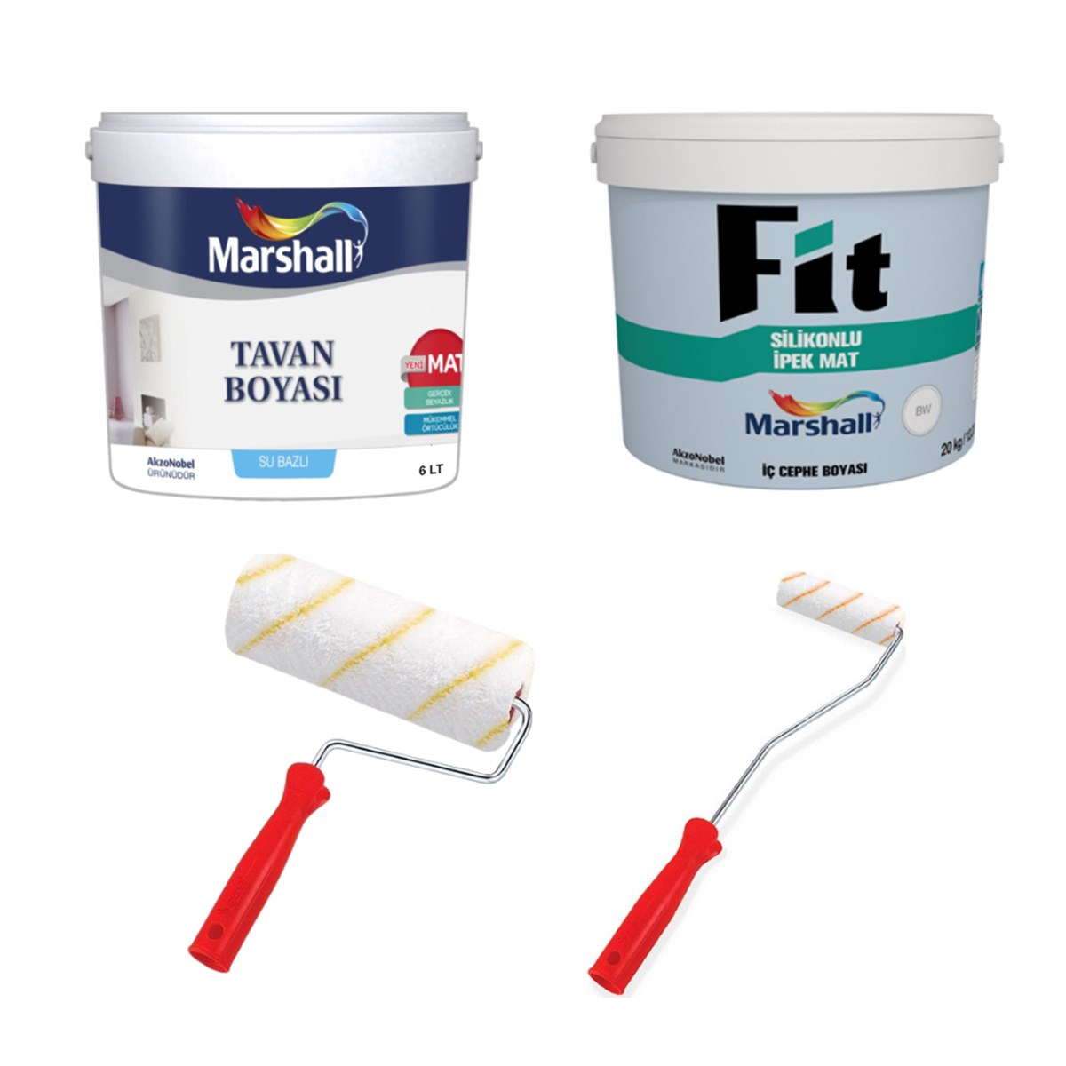 Marshall Fit Silikonlu İpek Mat İç Cephe Boyası 15 Lt + Marshall Tavan Boyası 10 Kg  Boya Fırça Seti 
