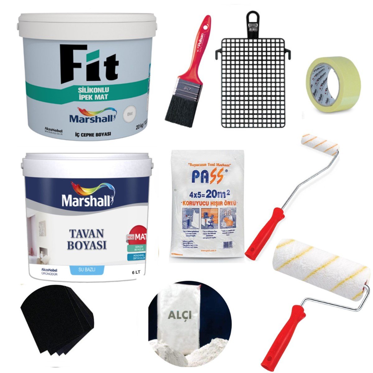 Marshall Fit Silikonlu İpek Mat Silinebilir İç Cephe Boyası 15Lt + Tavan Boyası 10Kg + Boyama Seti