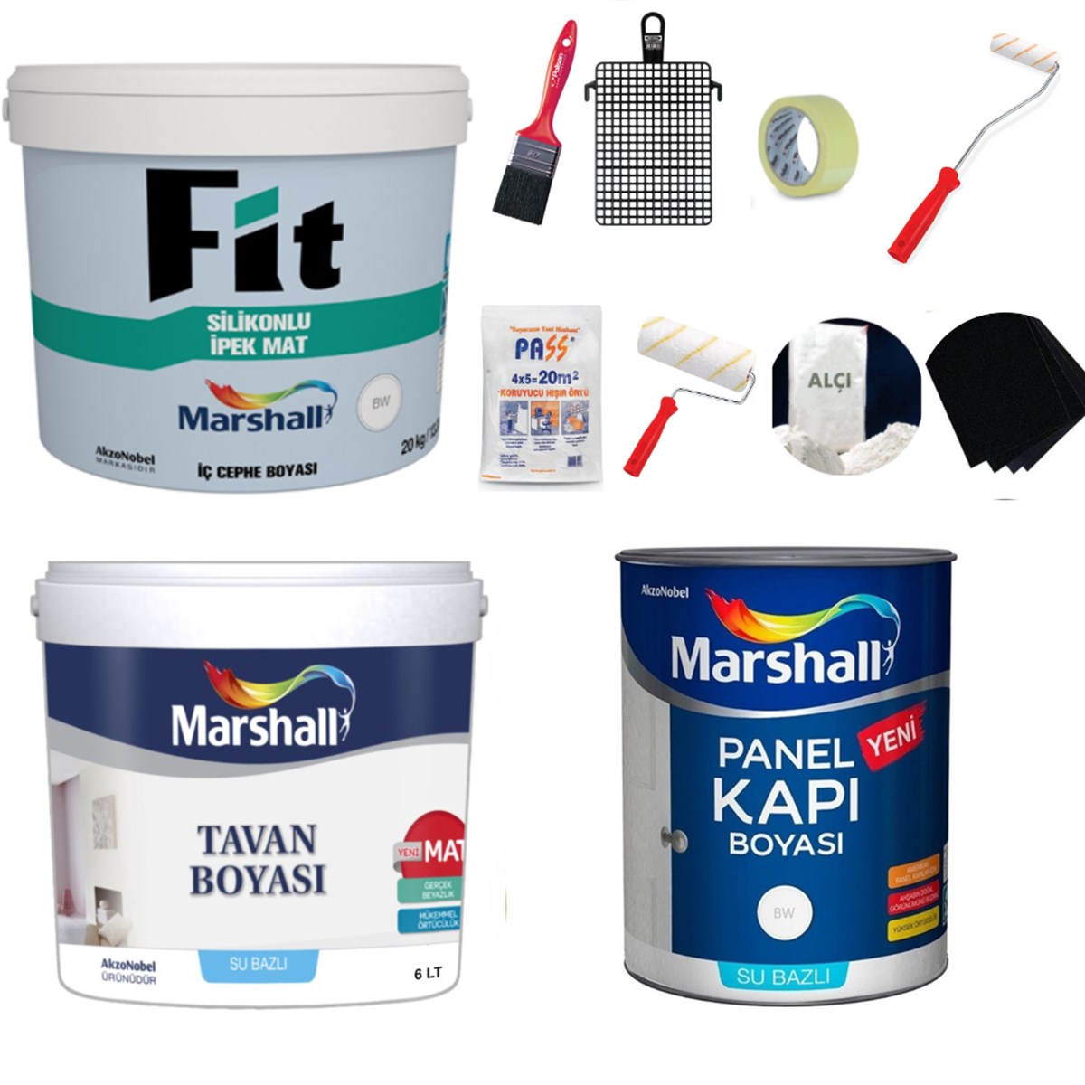 Marshall Fit Silikonlu İpek Mat Silinebilir İç Cephe Boyası 15Lt + Tavan Boyası 10Kg + Marshall Panel Kapı Boyası Su Bazlı Beyaz 2,5 Lt Boyama Seti