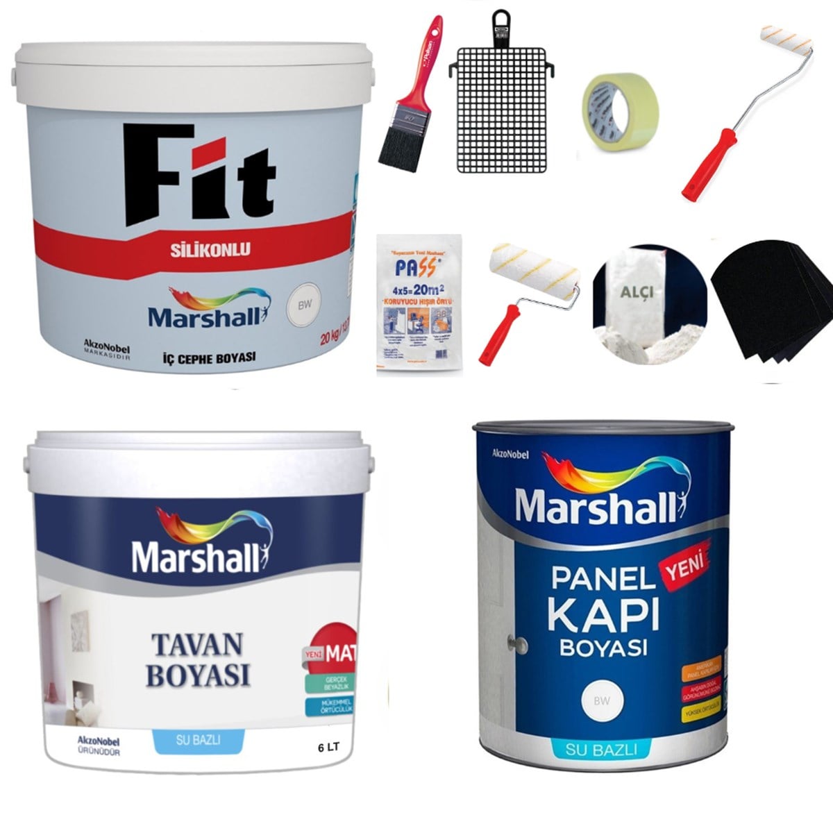 Marshall Fit Silikonlu Mat İç Cephe Boyası 15Lt + Tavan Boyası 10Kg + Marshall Panel Kapı Boyası Su Bazlı Beyaz 2,5 Lt  Boyama Seti