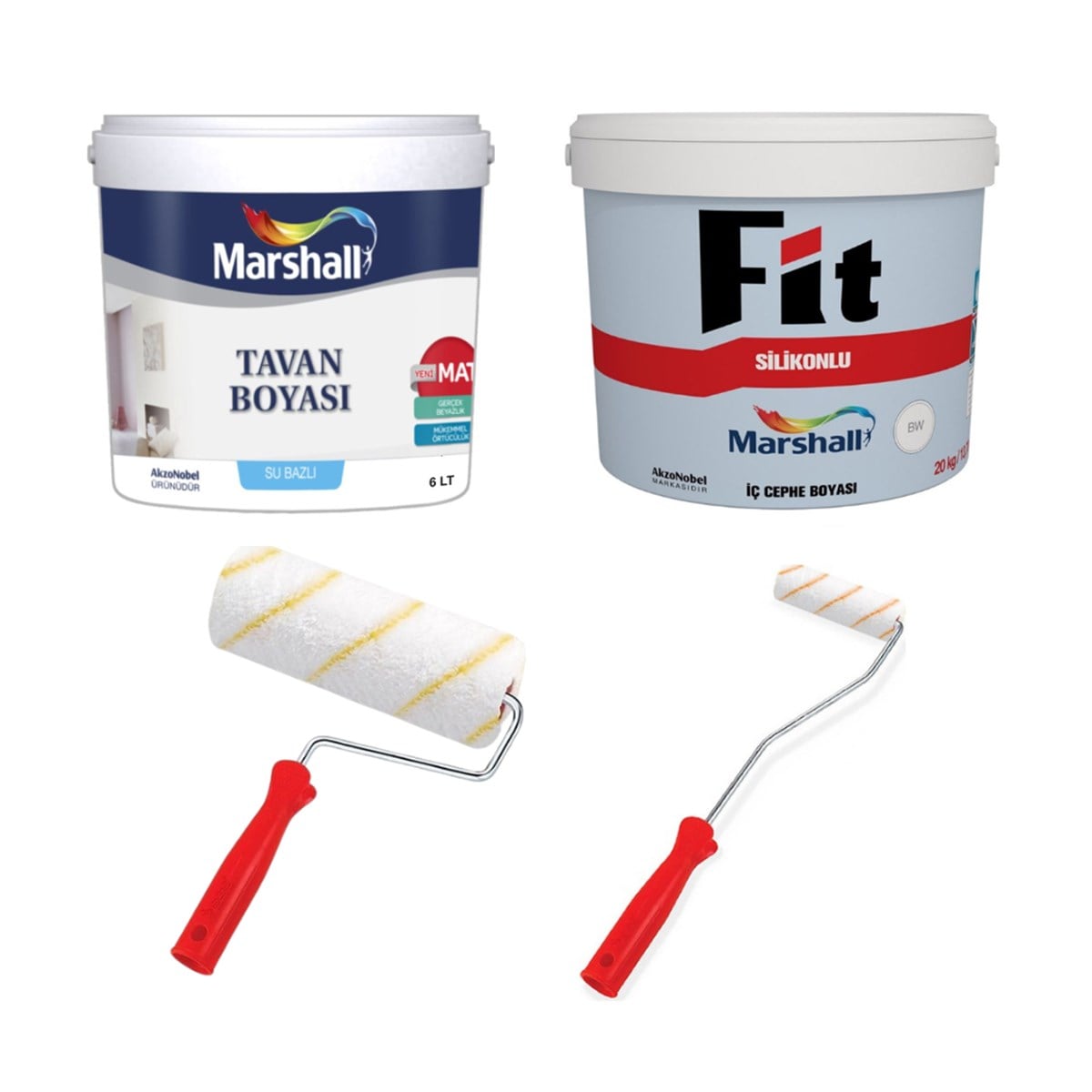Marshall Fit Silikonlu Mat İç Cephe Boyası 15 Lt + Marshall Tavan Boyası 10 Kg  Boya Fırça Seti