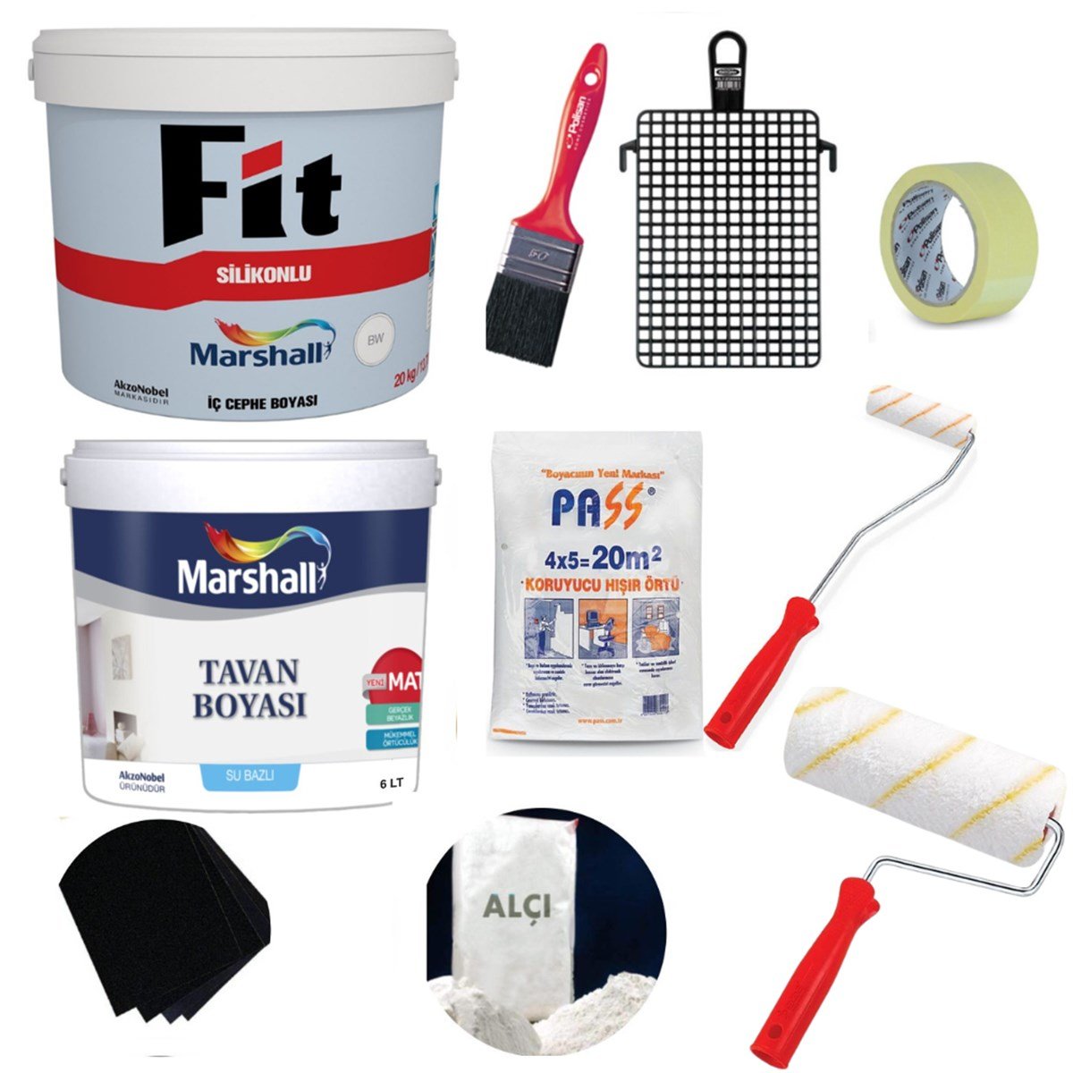 Marshall Fit Silikonlu Mat İç Cephe Boyası 15Lt + Tavan Boyası 10Kg + Boyama Seti