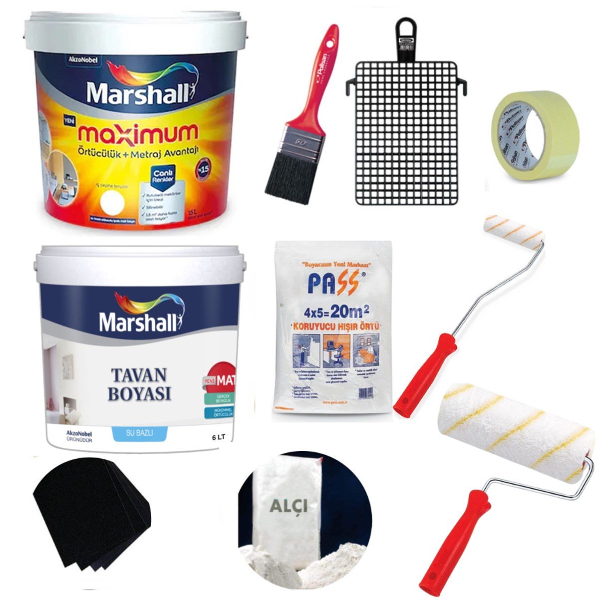Marshall Maximum Silikonlu İpek Mat İç Cephe Boyası 15Lt + Tavan Boyası 10Kg + Boyama Seti