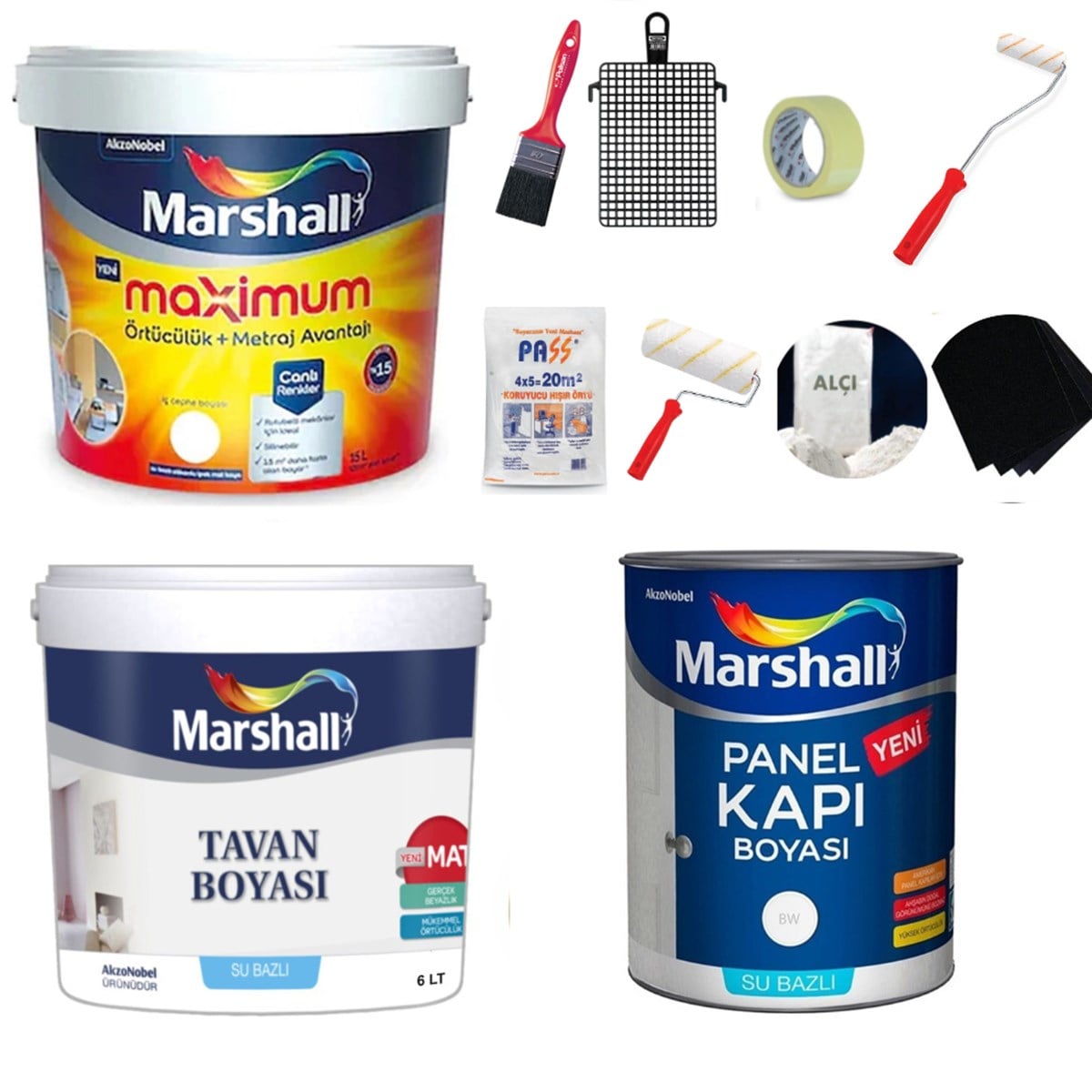 Marshall Maximum Silikonlu İpek Mat İç Cephe Boyası 15Lt + Tavan Boyası 10Kg + Marshall Panel Kapı Boyası Su Bazlı Beyaz 2,5 Lt Boyama Seti
