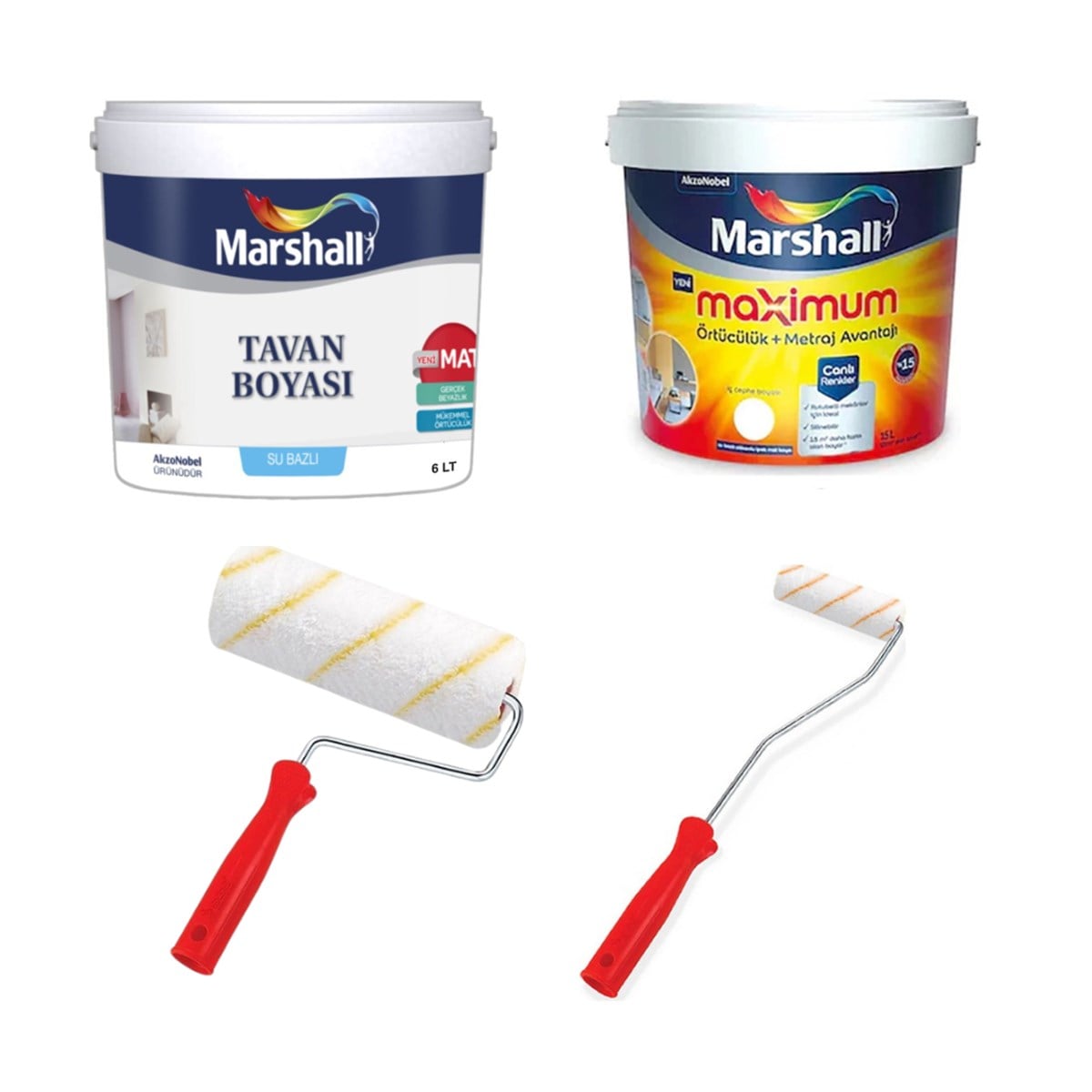 Marshall Maximum Silikonlu İpek Mat Silinebilir İç Cephe Boyası 15 Lt + Marshall Tavan Boyası 10 Kg  Boya Fırça Seti