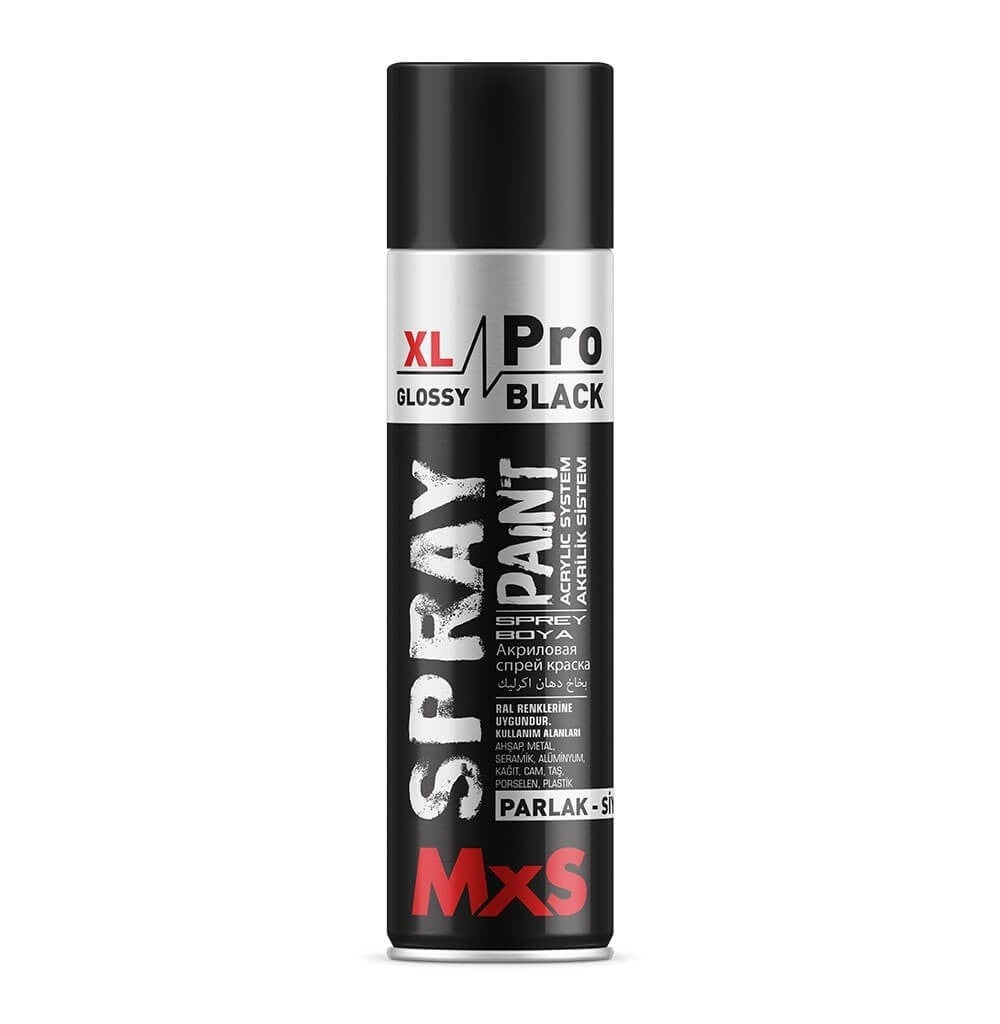MxS XL Pro Parlak Siyah Akrilik Sprey Boya 500 Ml