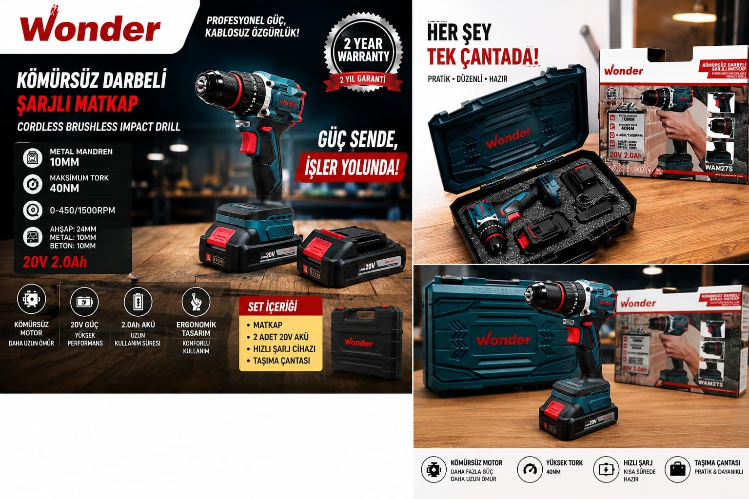 Wonder WAM27S 20V 2.0Ah Li-ion Çift Akülü Kömürsüz Darbeli Matkap 40Nm