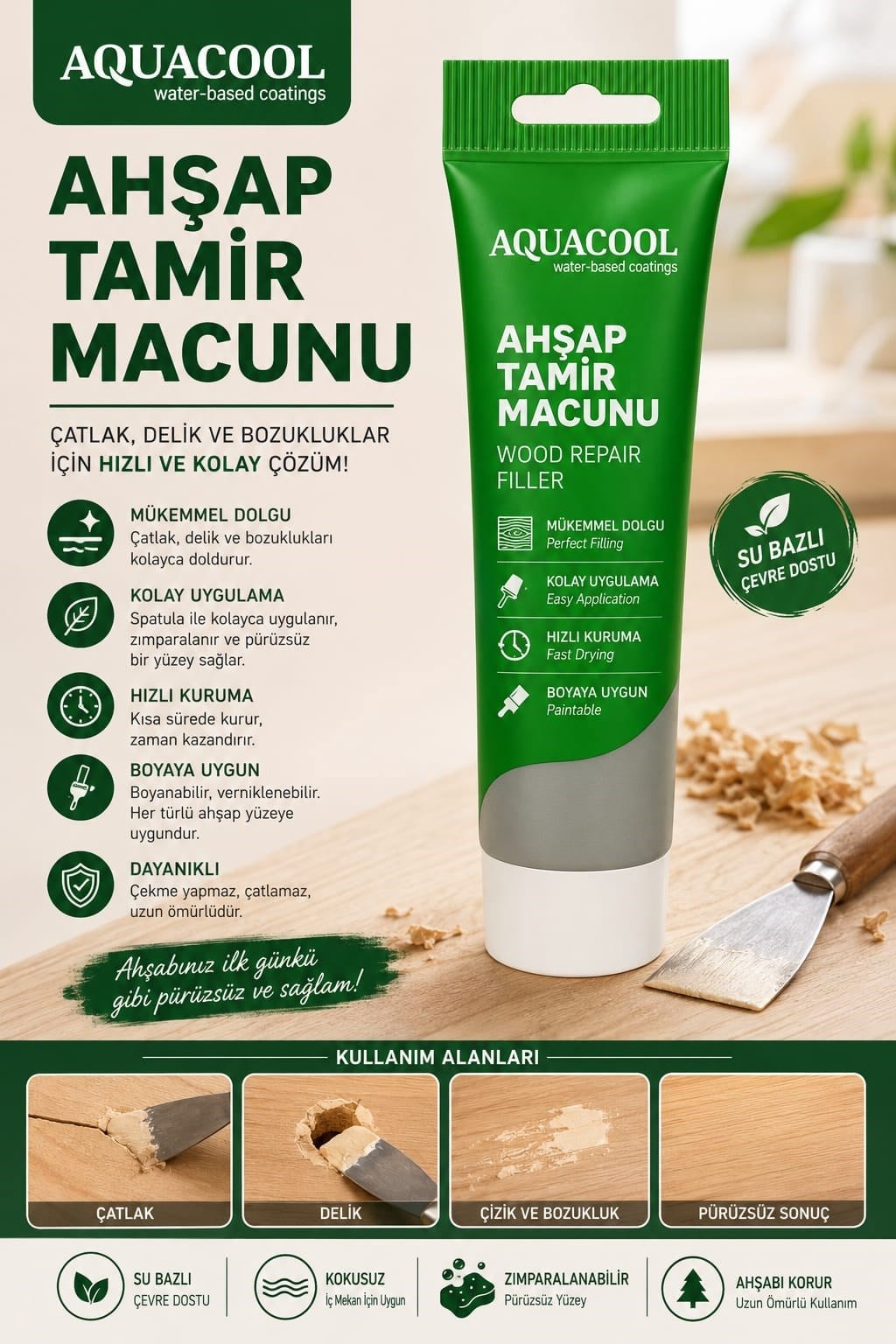  Aquacool Su Bazlı Çatlak Giderici Hızlı Kuruyan Ahşap Tamir Dolgu Macunu 200 Gr