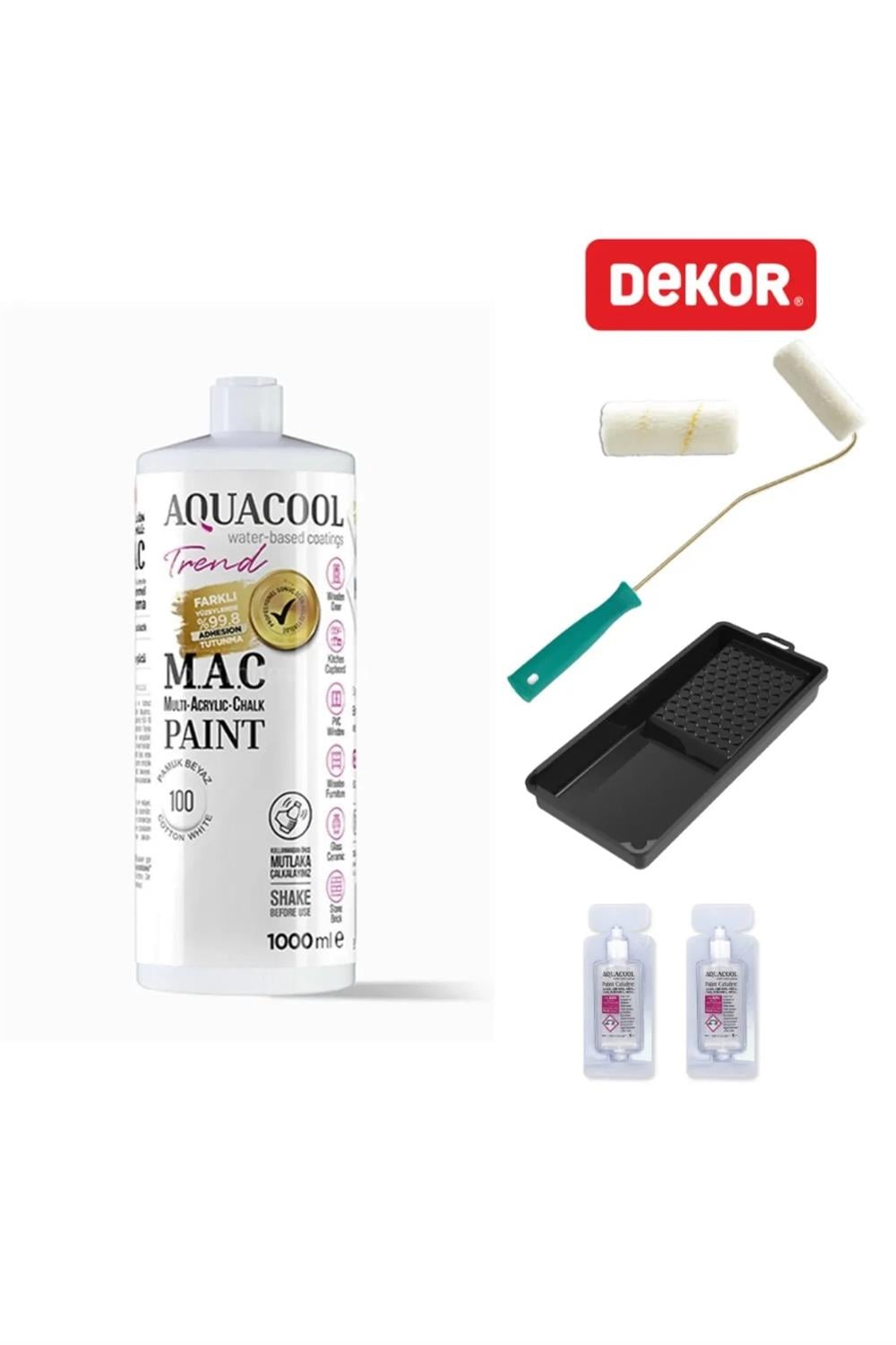 Aquacool Trend Su Bazlı Akrilik Hobi Boyası 1000 Ml + Rulo 10 Cm + 2 Adet Katalizör + Boyacı Tavası Hobi Boya Seti