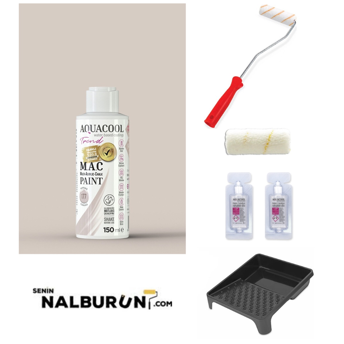 Aquacool Trend Su Bazlı Akrilik Hobi Boyası 150 Ml + Rulo 10 Cm + 2 Adet Katalizör + Boyacı Tavası Hobi Boya Seti