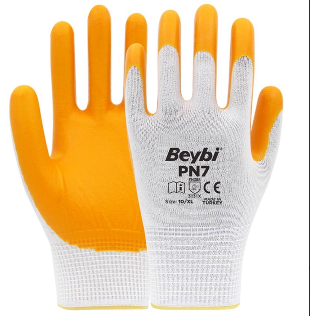 Beybi PN7 Sarı Beyaz Polyester Örme Nitril İş Eldiveni No: 10 XL 1 Adet