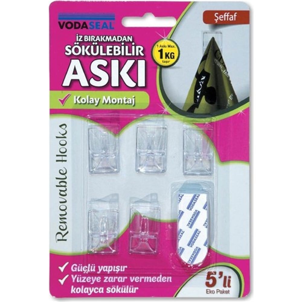 HS-02t Şeffaf 5'li İz Bırakmayan Yapışkanlı Askı 