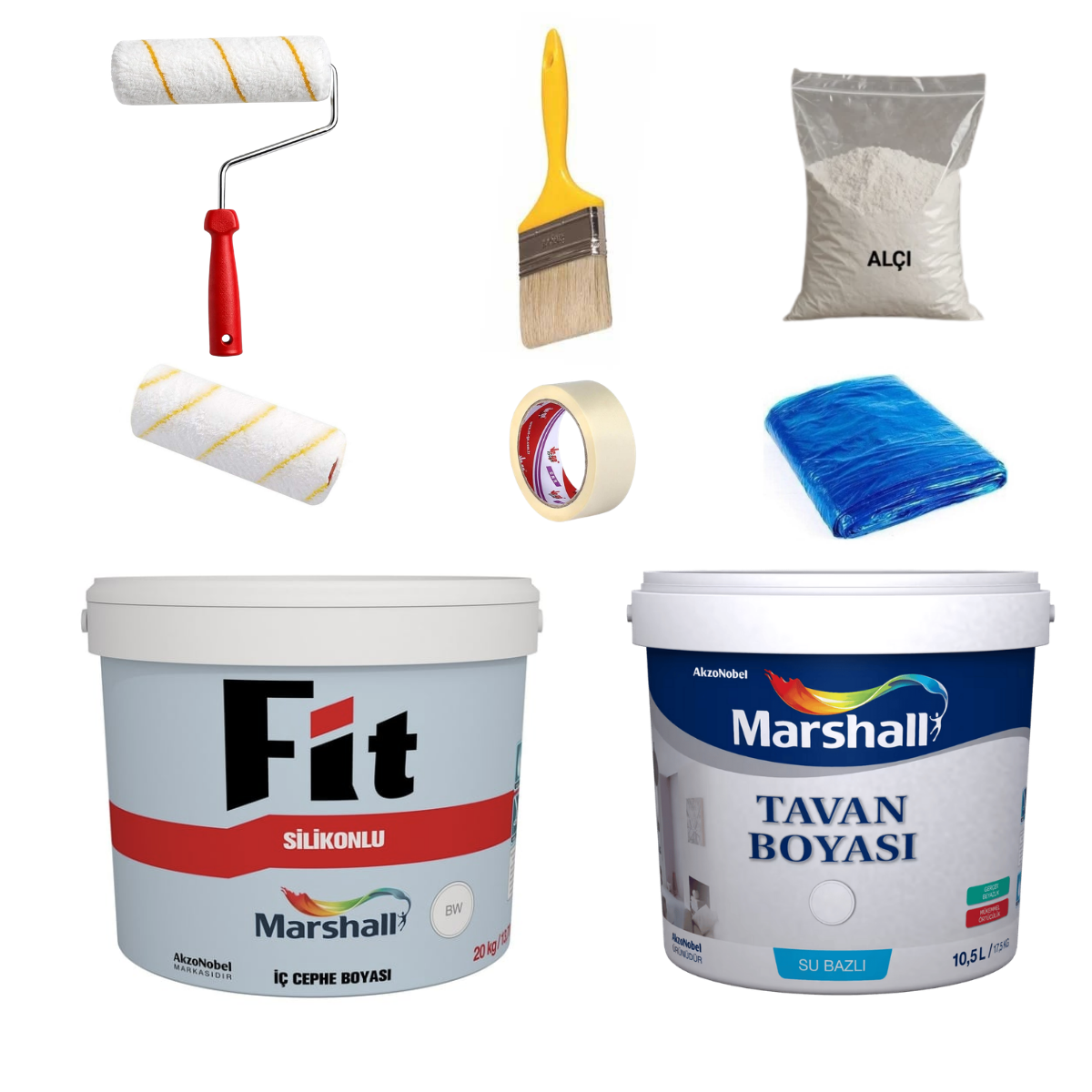 Marshall Fit Silikonlu 2,5Lt + Marshall Tavan 2,5Lt + Rulo + Rulo Yedeği + Fırça + Maskeleme Bandı + Alçı + Zemin Örtüsü