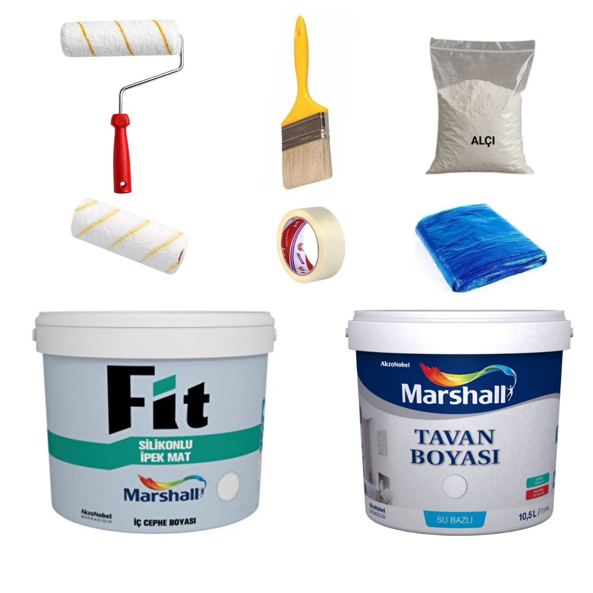 Marshall Fit Silikonlu İpek Mat 2,5Lt + Marshall Tavan 2,5Lt + Rulo + Rulo Yedeği + Fırça + Maskeleme Bandı + Alçı + Zemin Örtüsü