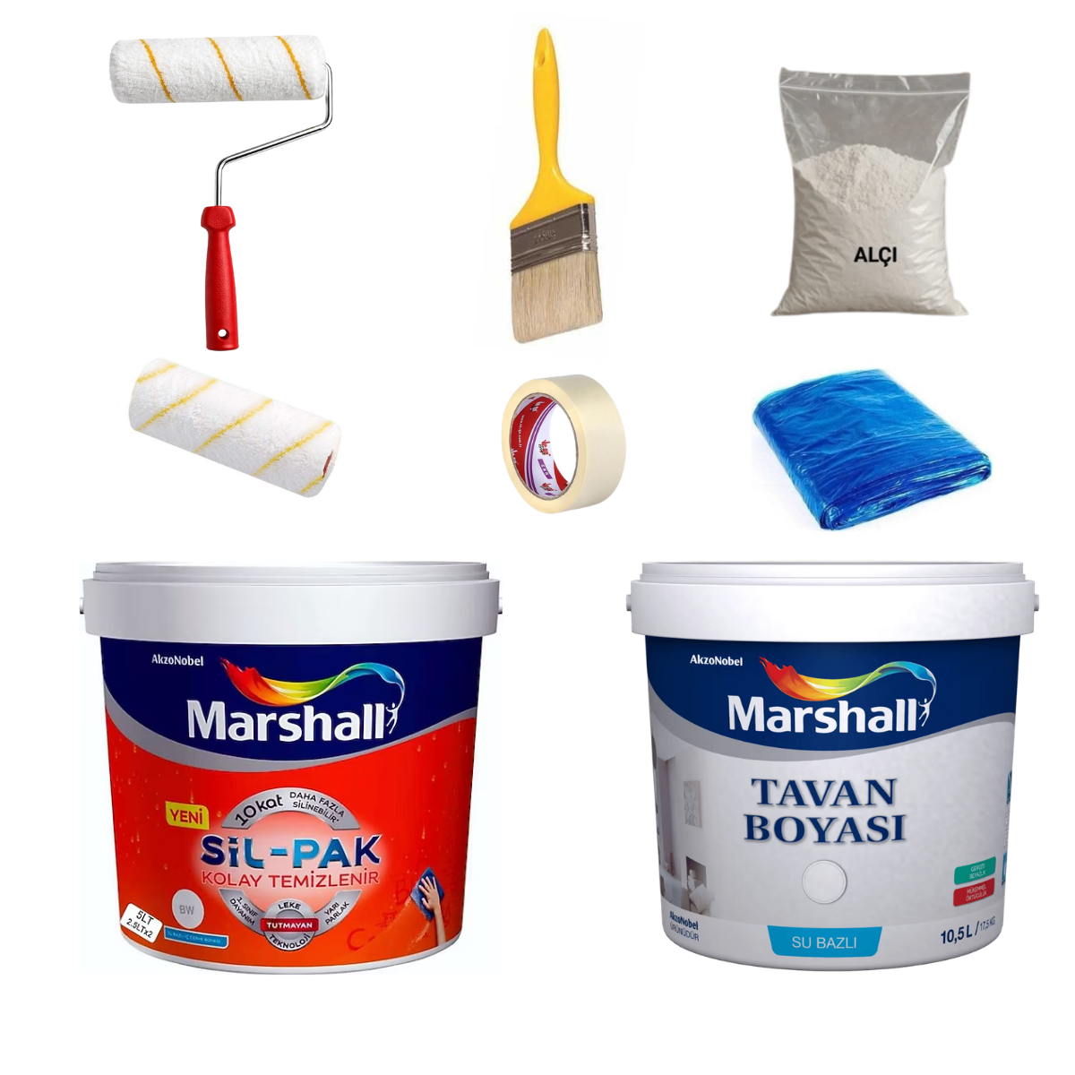 Marshall Sil-Pak + Marshall Tavan + Rulo + Rulo Yedeği + Fırça + Maskeleme Bandı + Alçı + Zemin Örtüsü