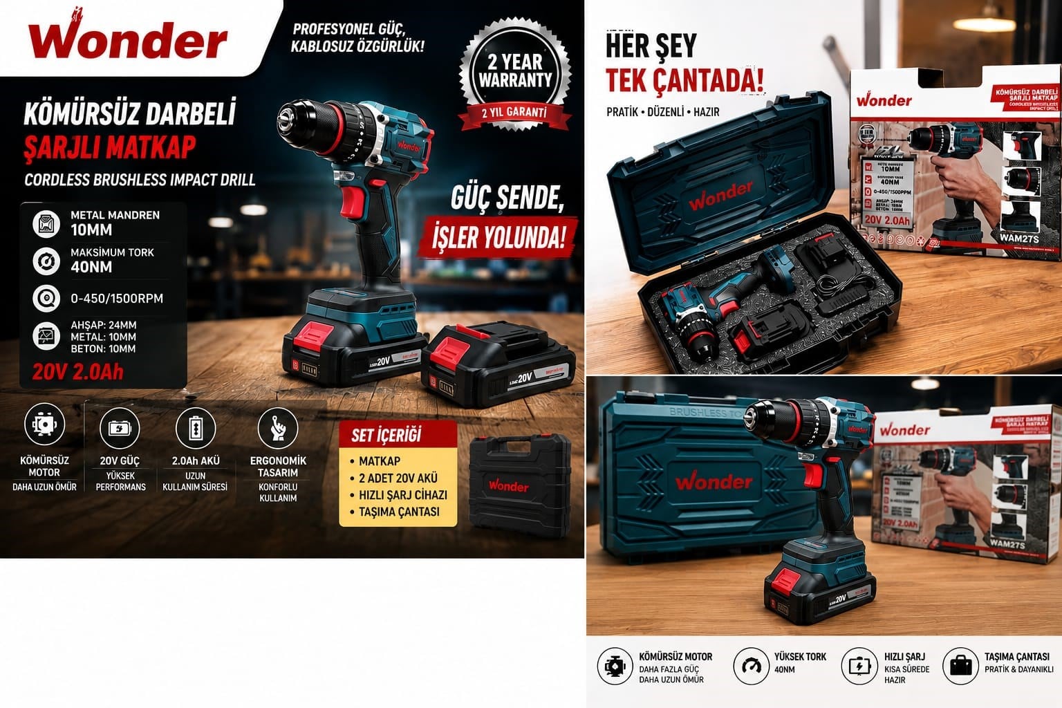 Wonder WAM27S 20V 2.0Ah Li-ion Çift Akülü Kömürsüz Darbeli Matkap 40Nm