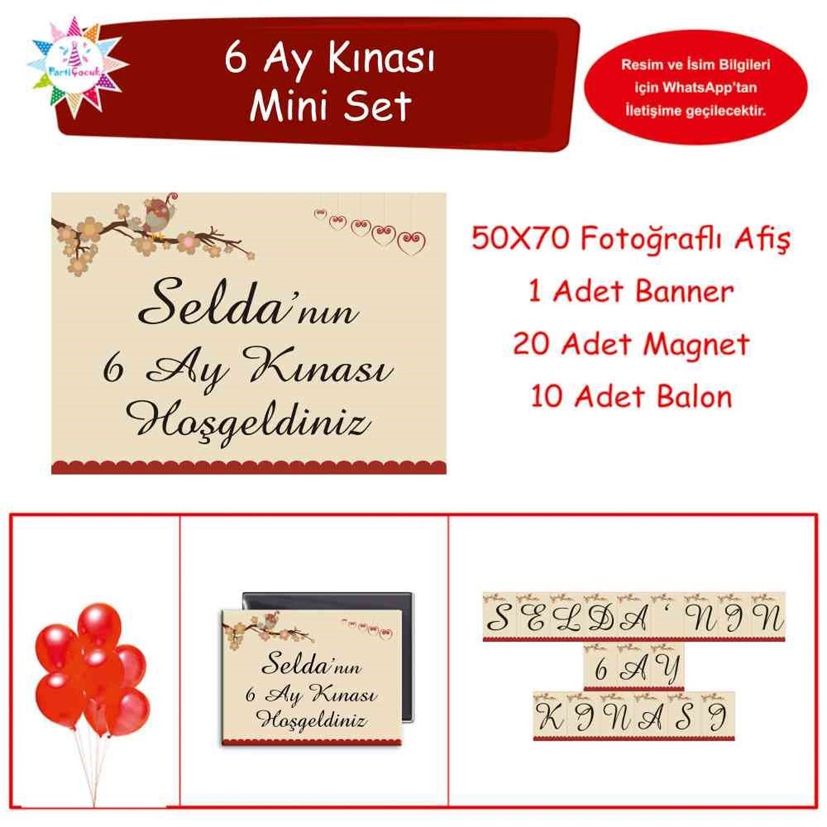 6 Ay Kınası Bordo Kuşlu Tema Parti Mini Set 