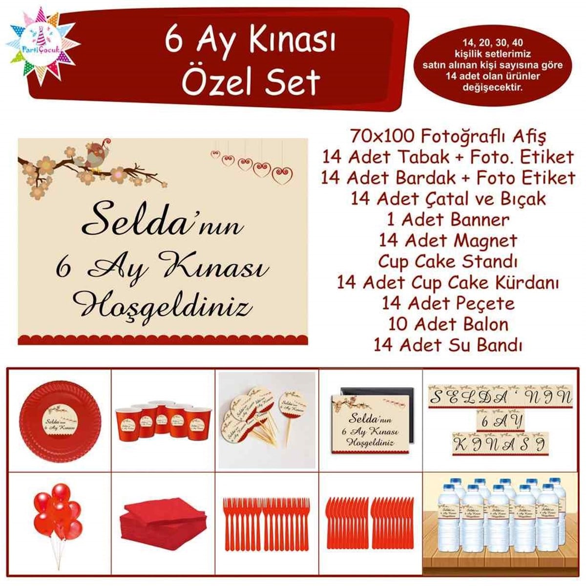 6 Ay Kınası Bordo Kuşlu Tema Parti Özel Set 