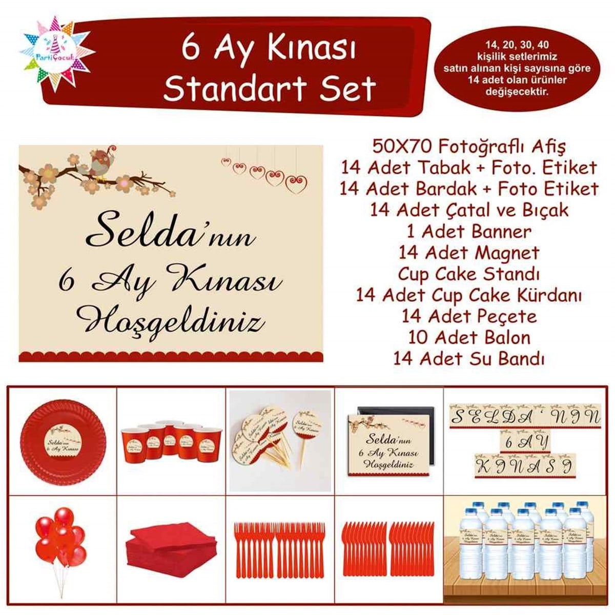 6 Ay Kınası Bordo Kuşlu Tema Parti Standart Set  