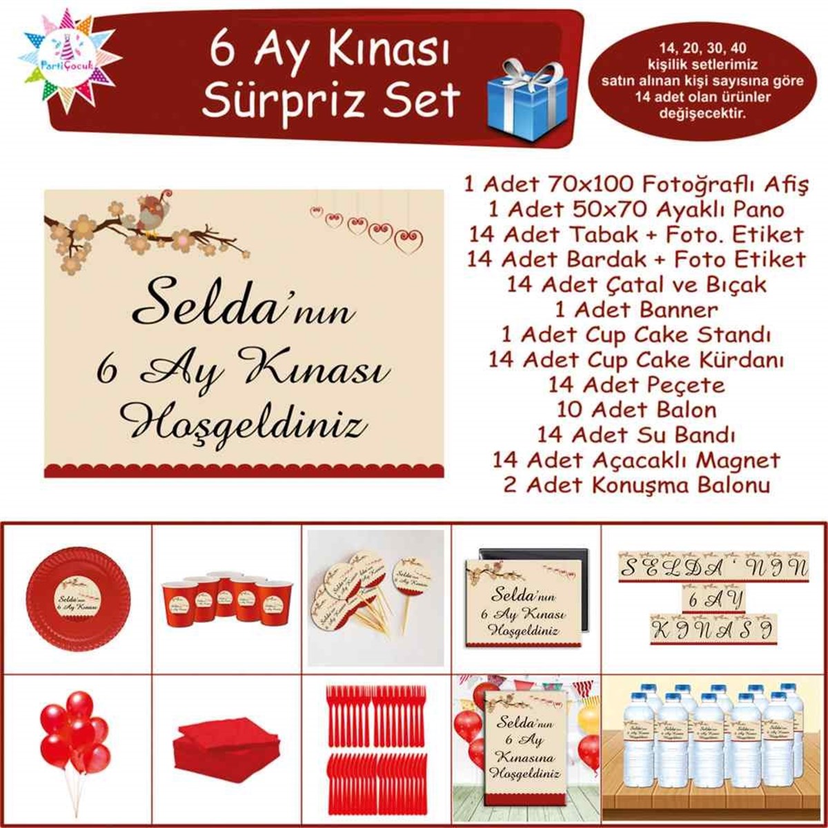 6 Ay Kınası Bordo Kuşlu Tema Parti Sürpriz Set 