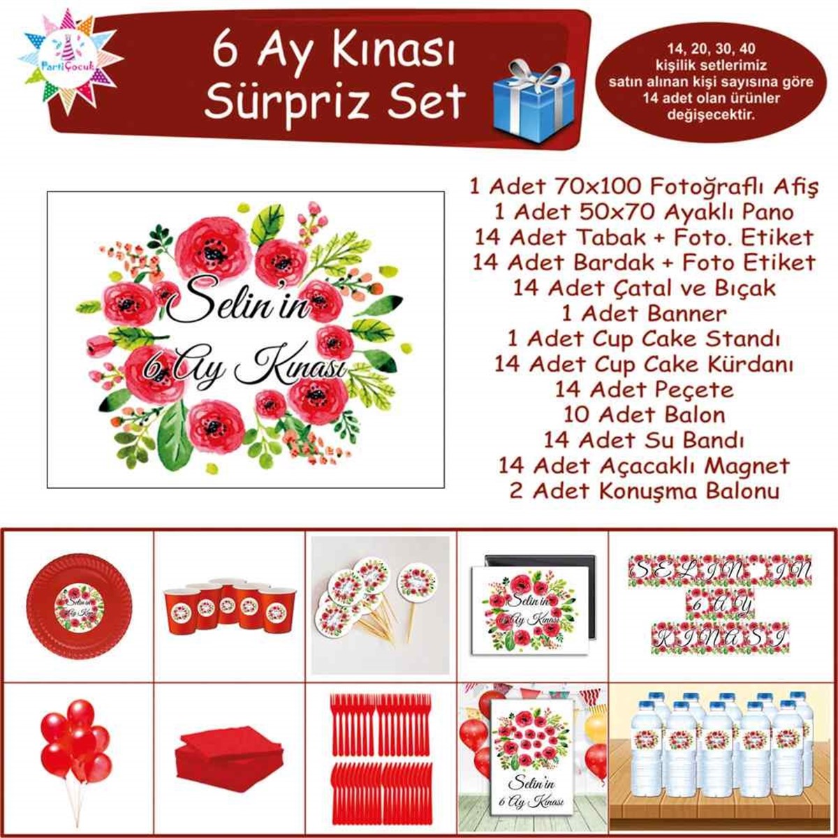 6 Ay Kınası Gül Desenli Tema Parti Sürpriz Set 