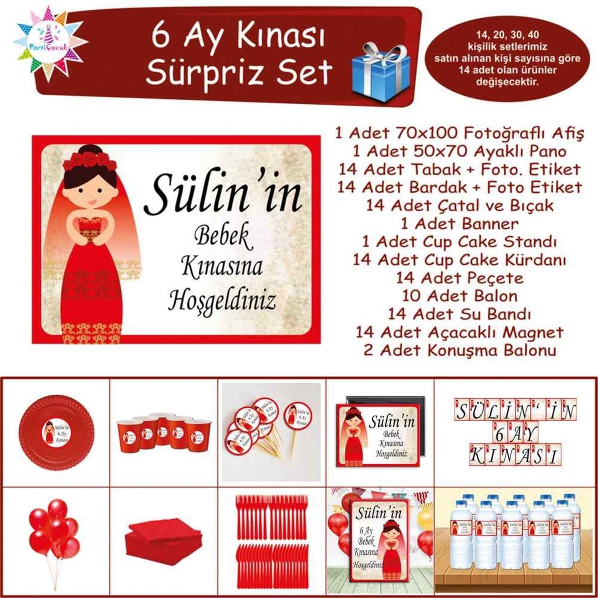 6 Ay Kınası Kına Karikatürlü Parti Sürpriz Set 