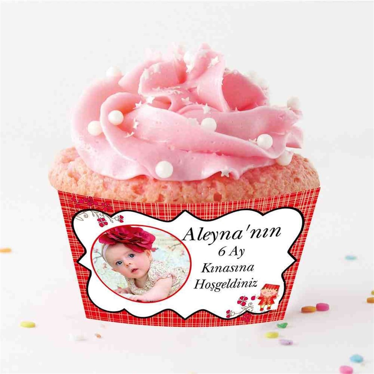 6 Ay Kınası Kırmızı Çizgili Çiçekli Parti Süsleri Cupcake Sargısı 