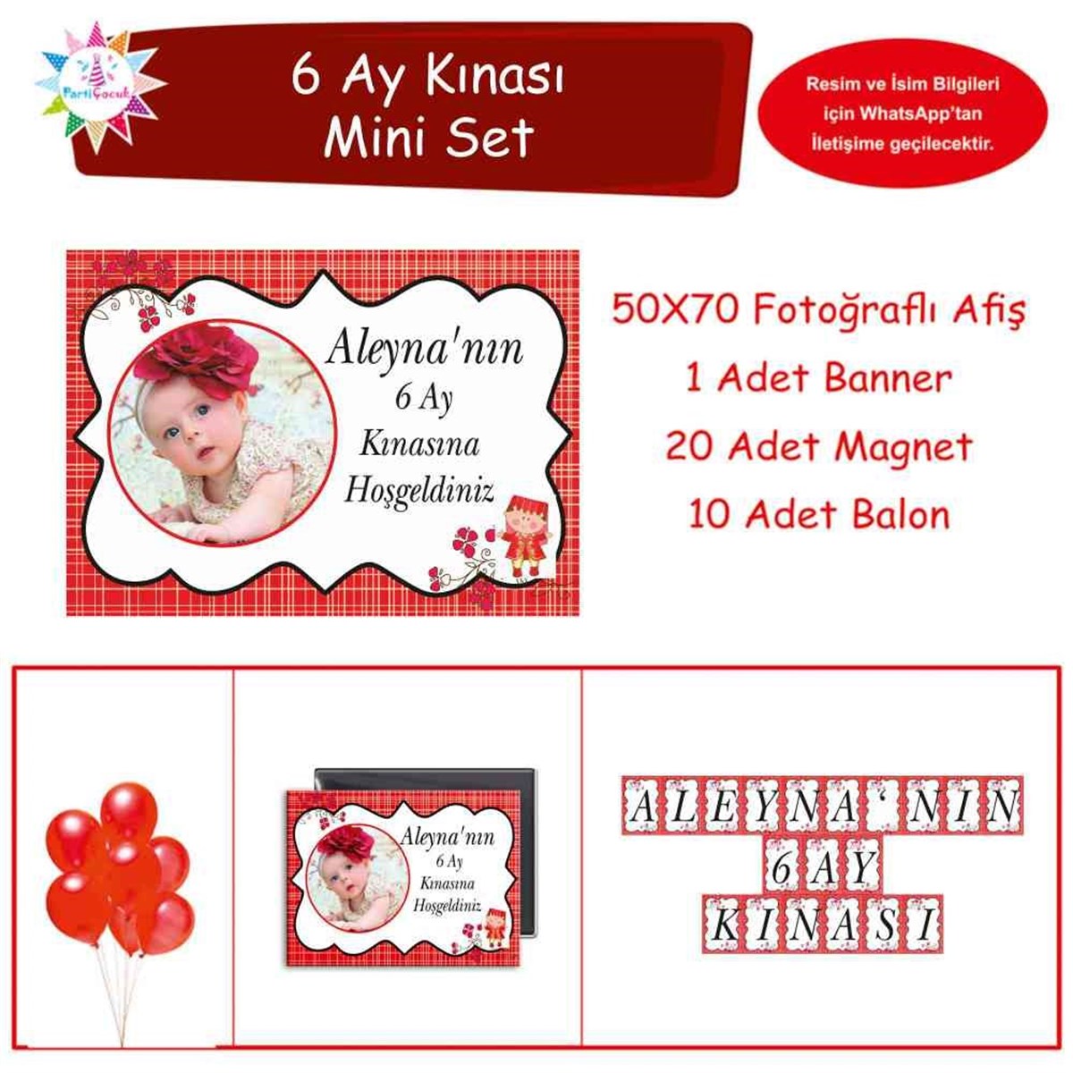 6 Ay Kınası Kırmızı Çizgili Çiçekli Parti Süsleri Mini Set 