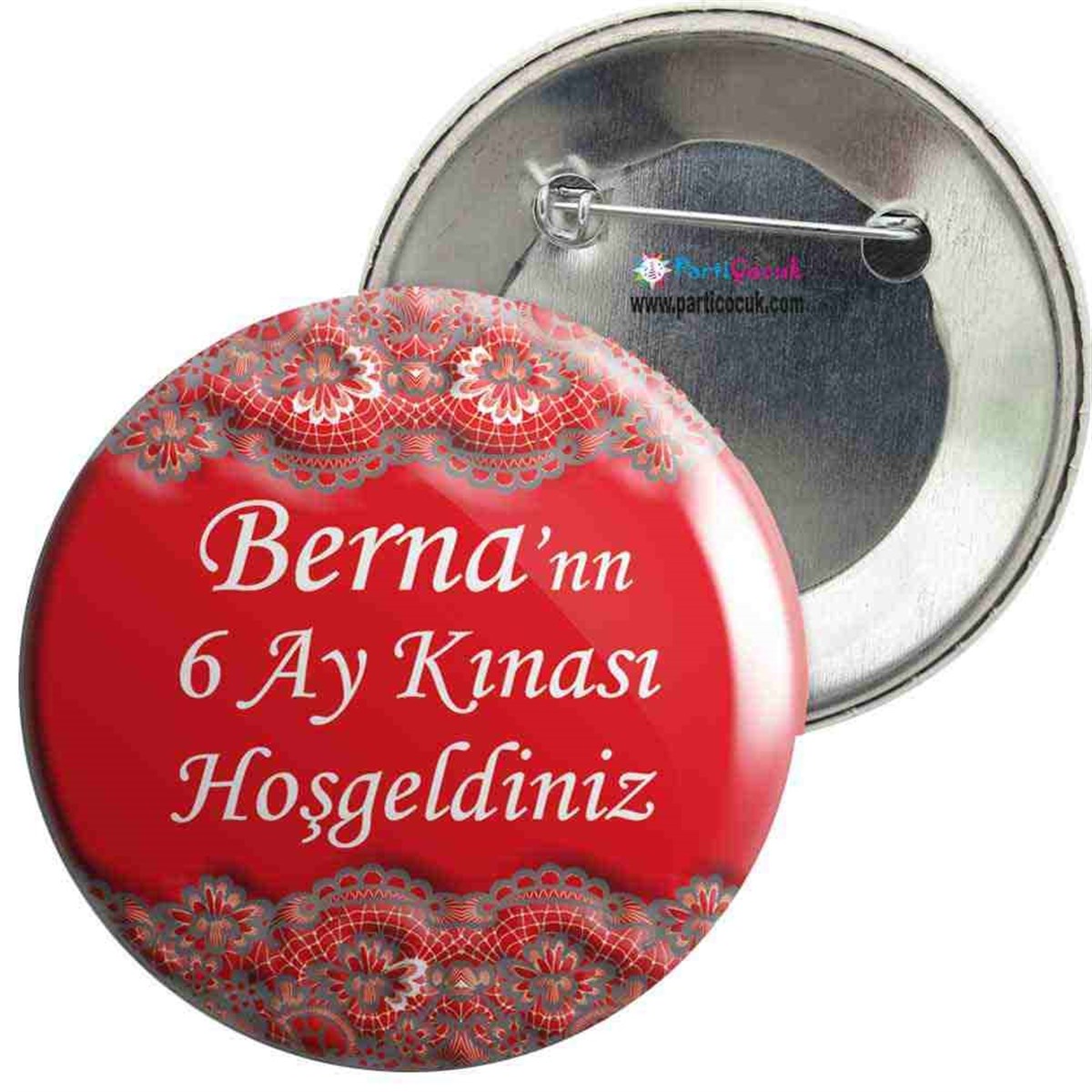 6 Ay Kınası Kırmızı Dantelli Parti İğneli Rozet 