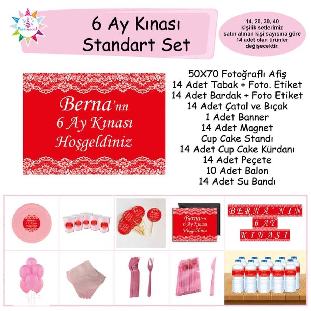 6 Ay Kınası Kırmızı Dantelli Parti Standart Set  
