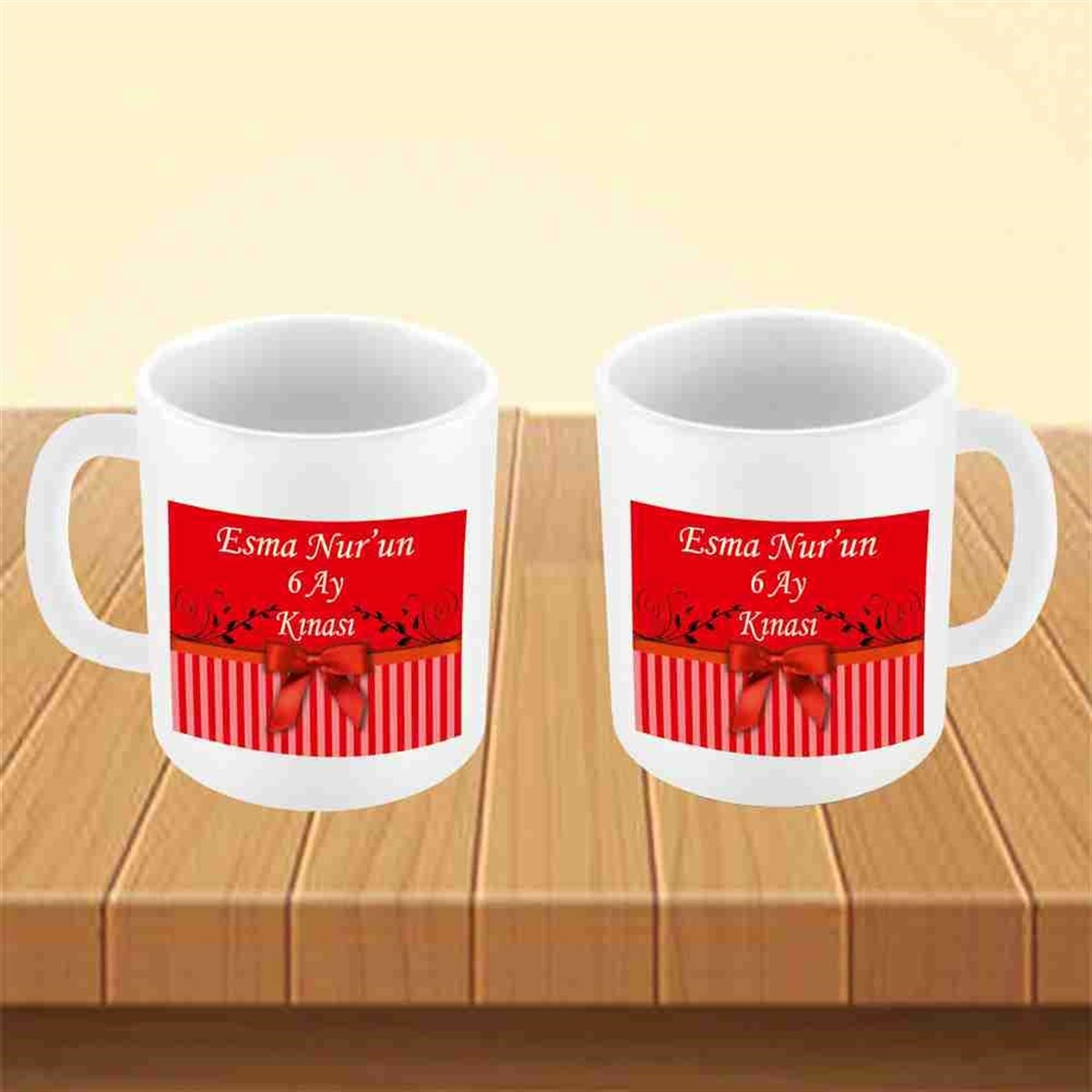 6 Ay Kınası Kırmızı Fiyonklu Konsept Kupa Mug Bardak 