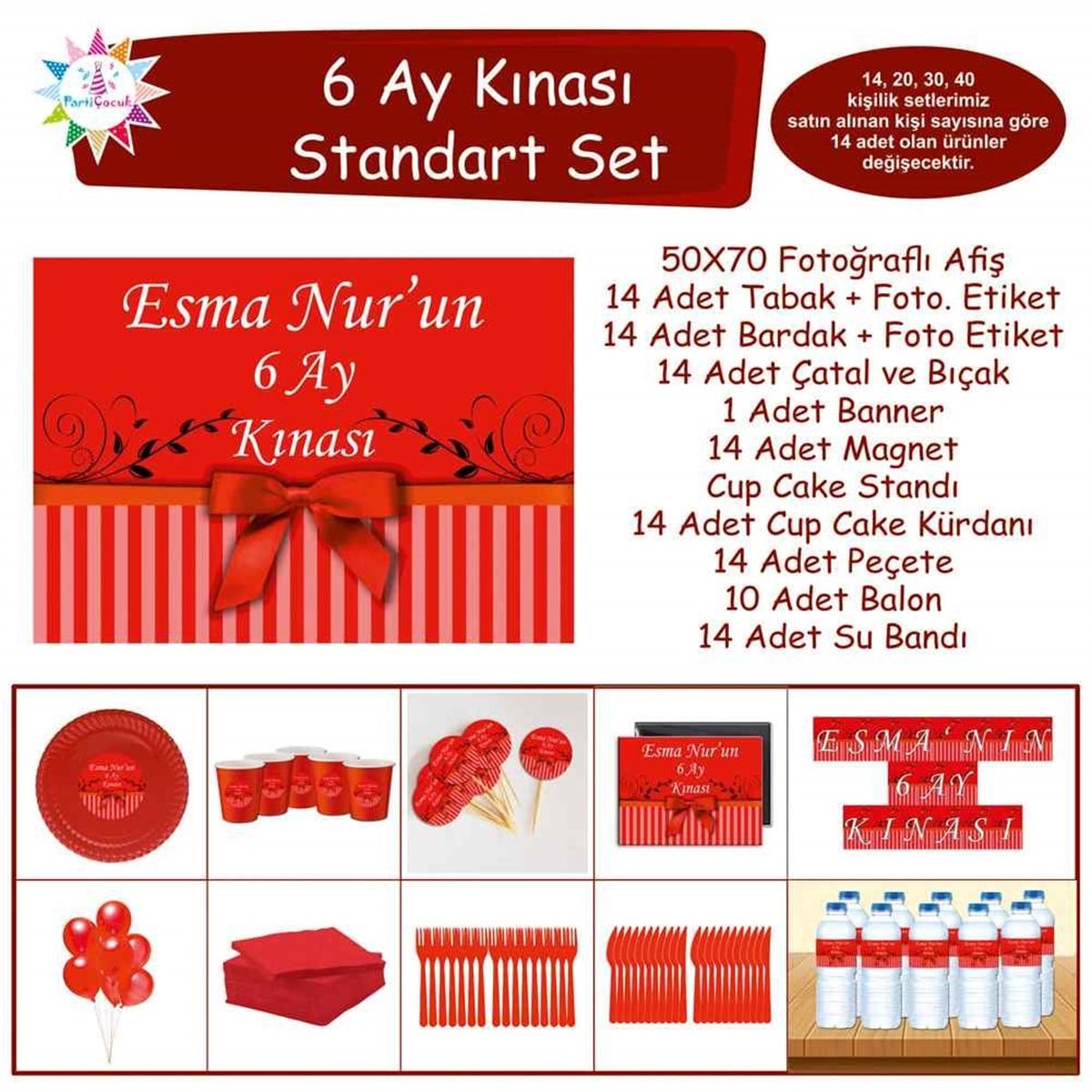 6 Ay Kınası Kırmızı Fiyonklu Konsept Standart Set   