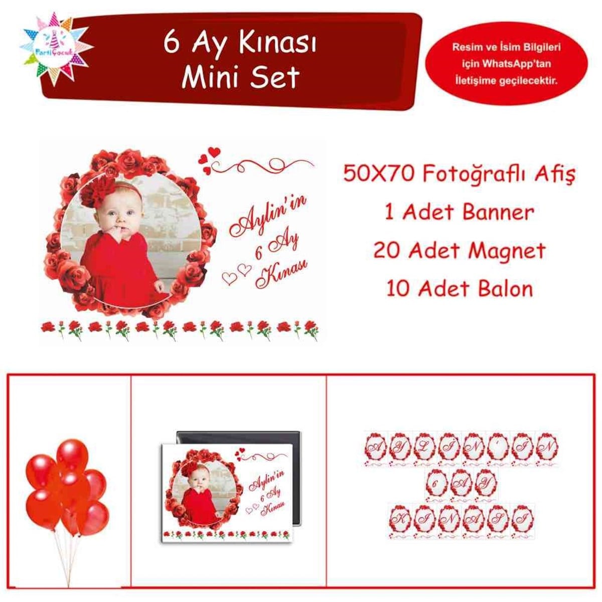 6 Ay Kınası kırmızı güllü Parti Mini Set 