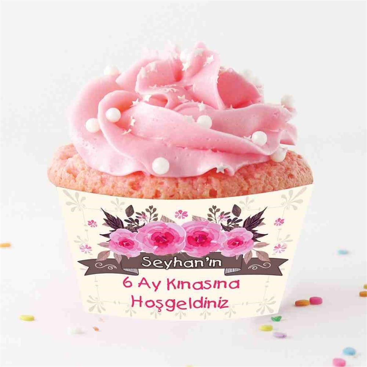 6 Ay Kınası Krem Pembe Gül Parti Cupcake Sargısı 