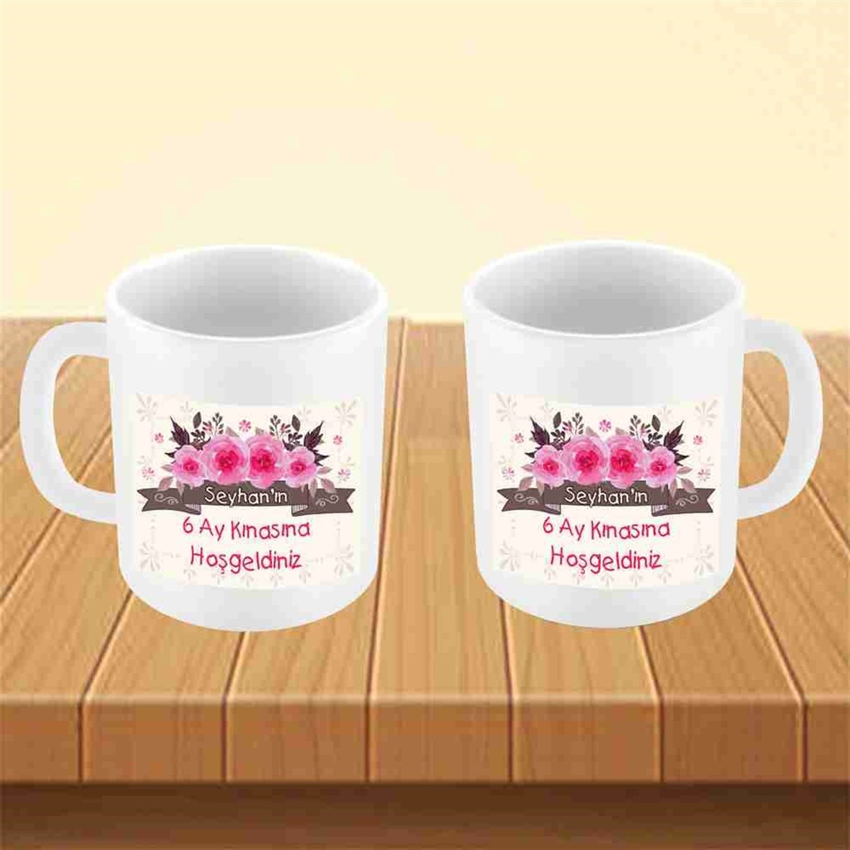 6 Ay Kınası Krem Pembe Gül Parti Kupa Mug Bardak 