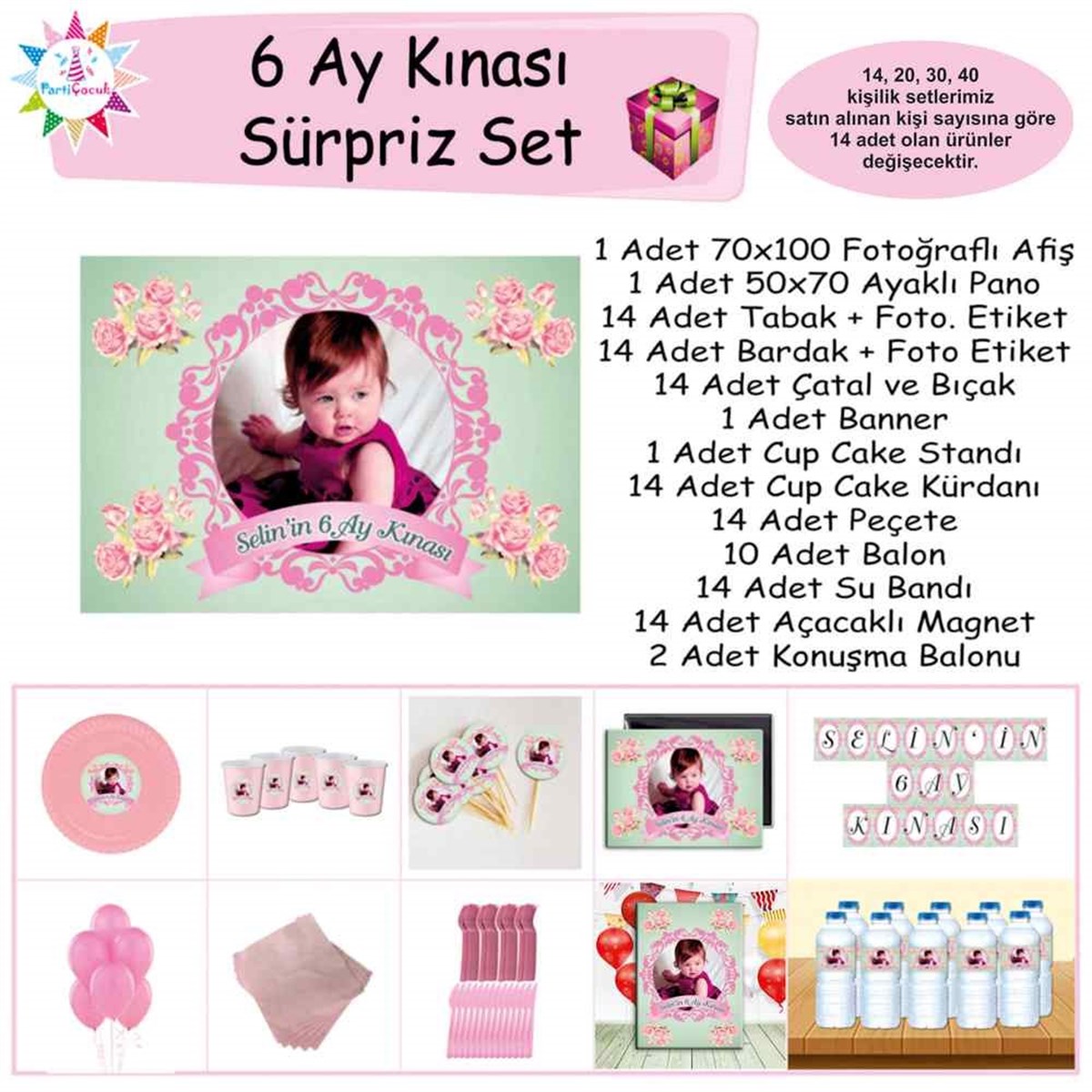 6 Ay Kınası Mint Yeşili Vintage Parti Sürpriz Set 