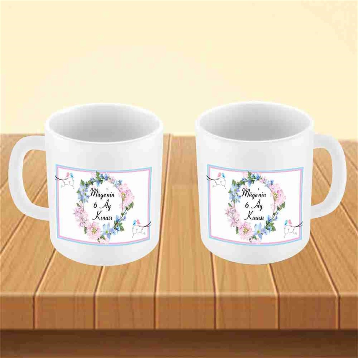 6 Ay Kınası Pembe Çicekli Kuşlu Tema Kupa Mug Bardak 