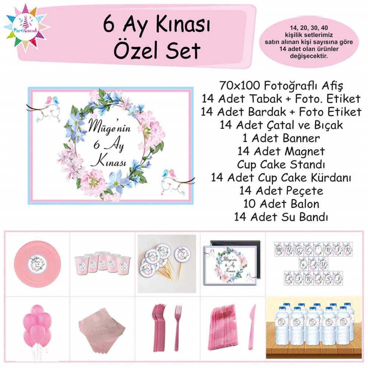 6 Ay Kınası Pembe Çicekli Kuşlu Tema Özel Set  