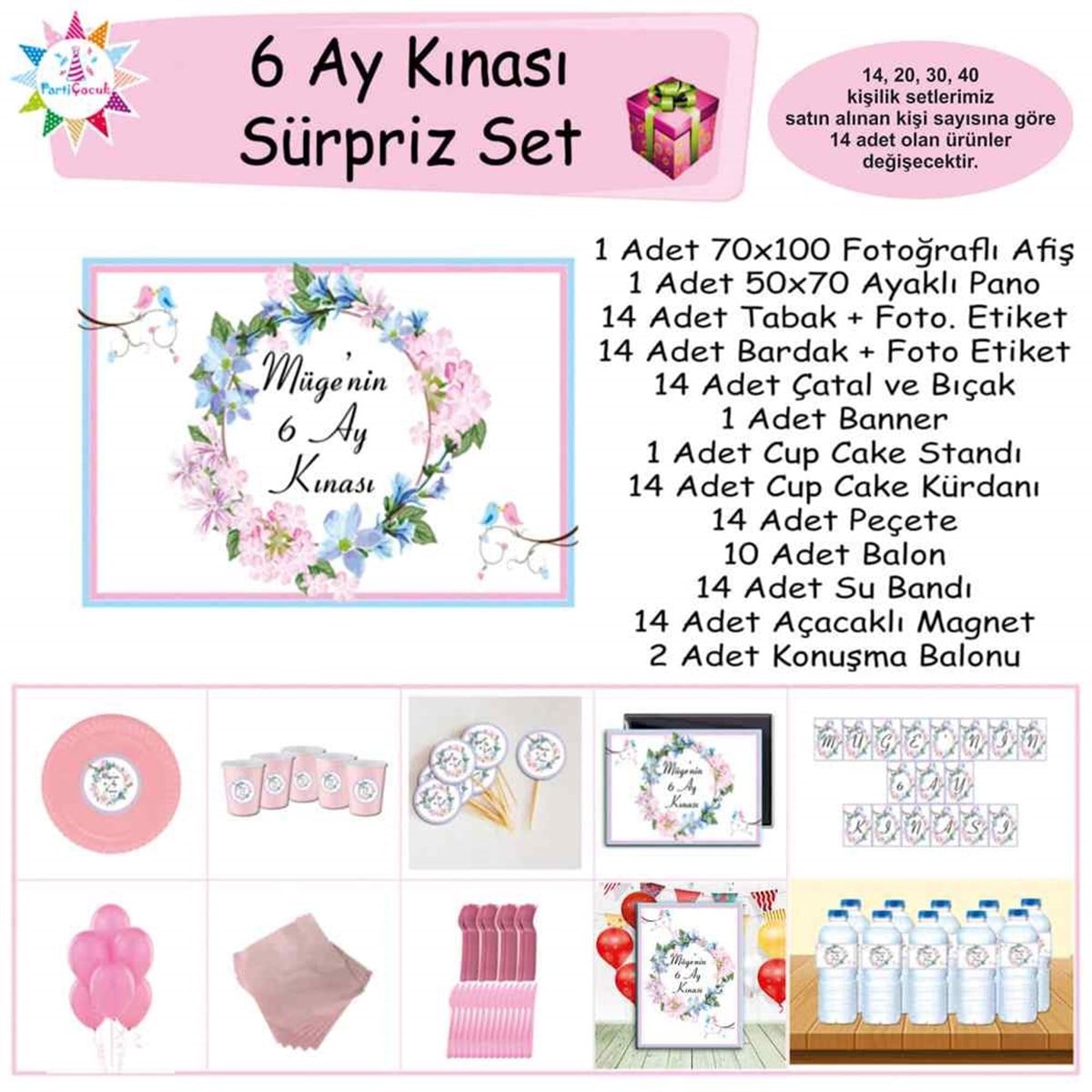 6 Ay Kınası Pembe Çicekli Kuşlu Tema Sürpriz Set  