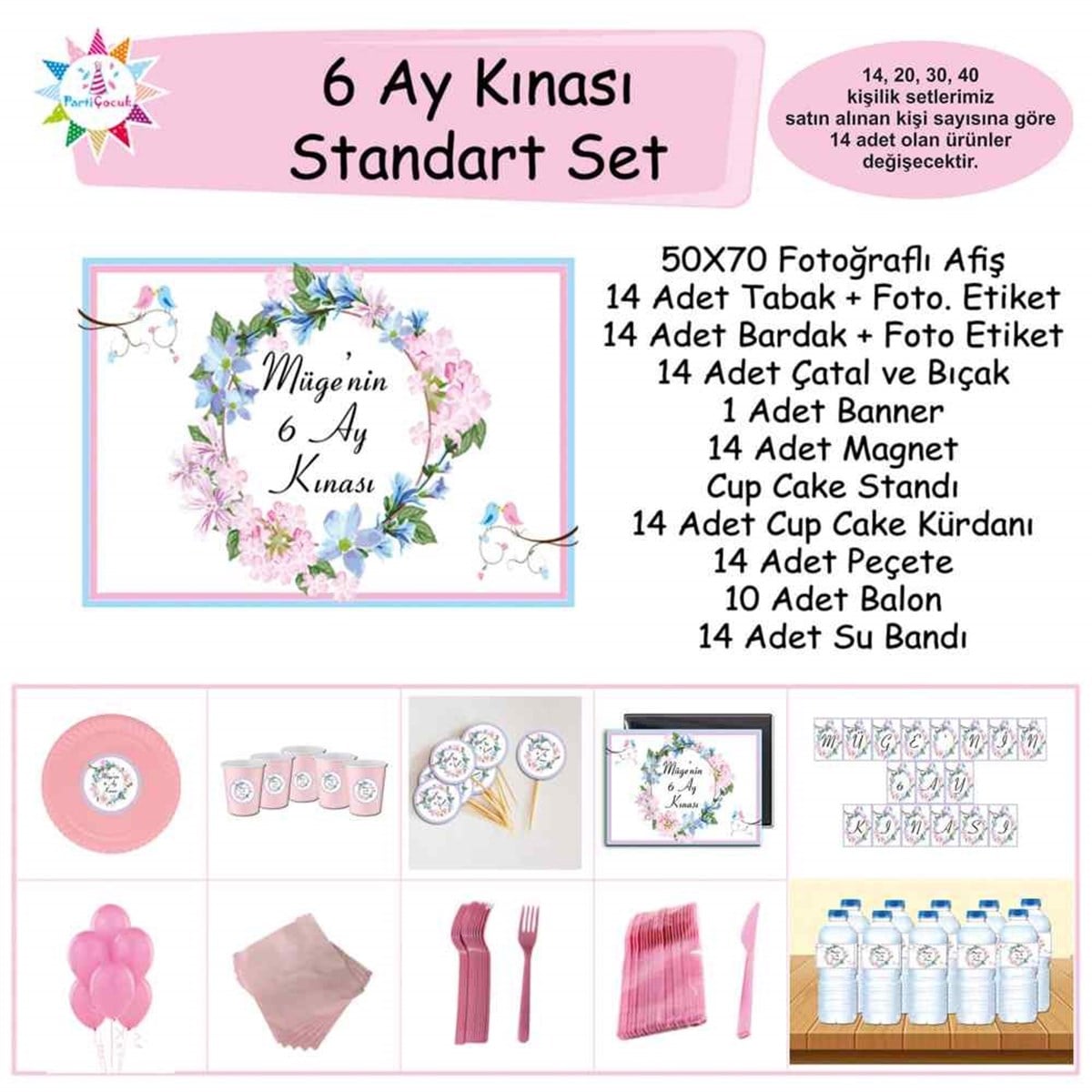 6 Ay Kınası Pembe Çicekli Kuşlu Tema Standart Set  
