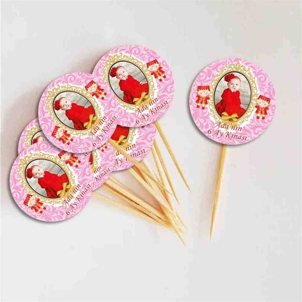 6 Ay Kınası Pembe Desenli Parti Süsü Cupcake Kurdanı 